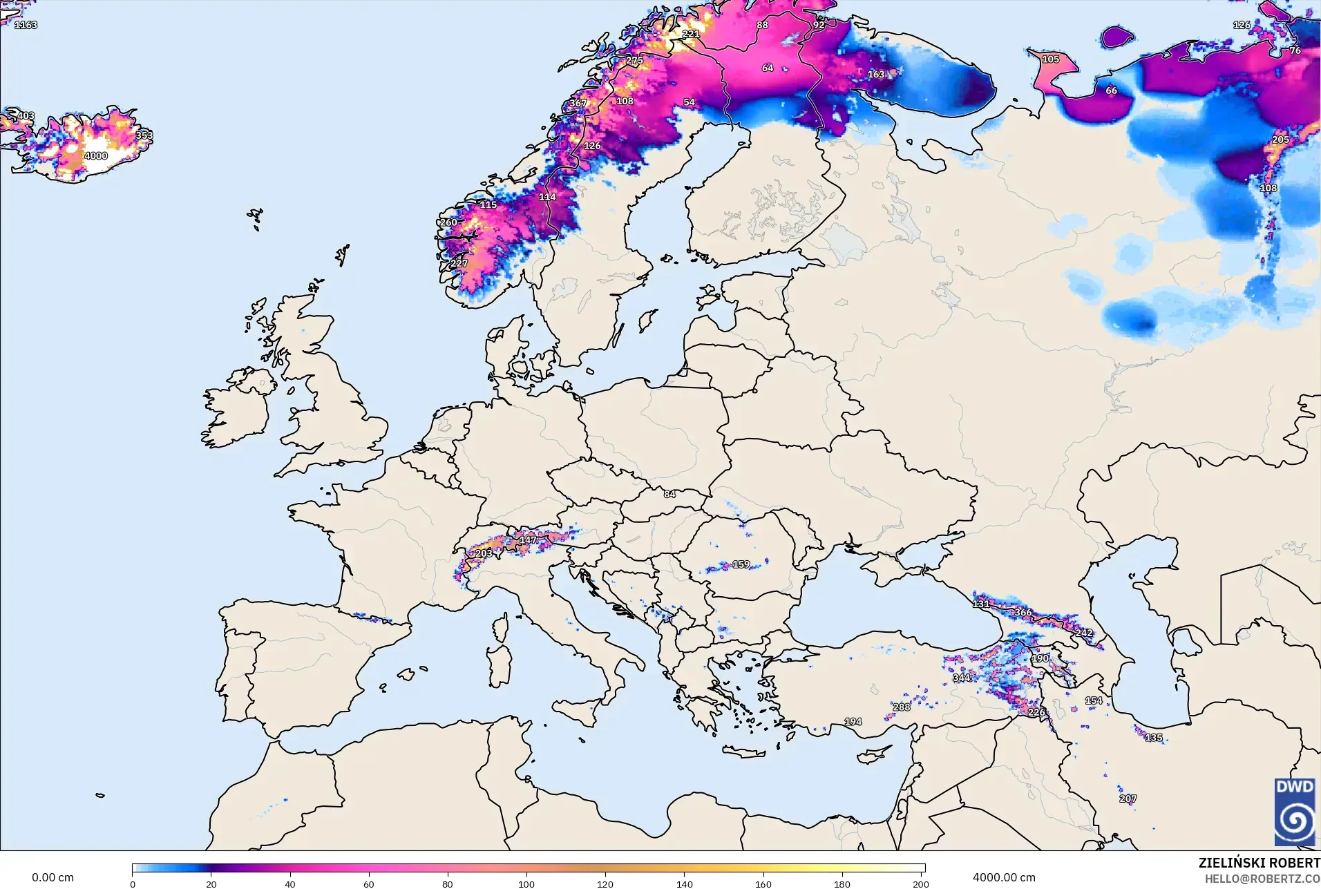 ICON model - Eropa, Kedalaman Salju