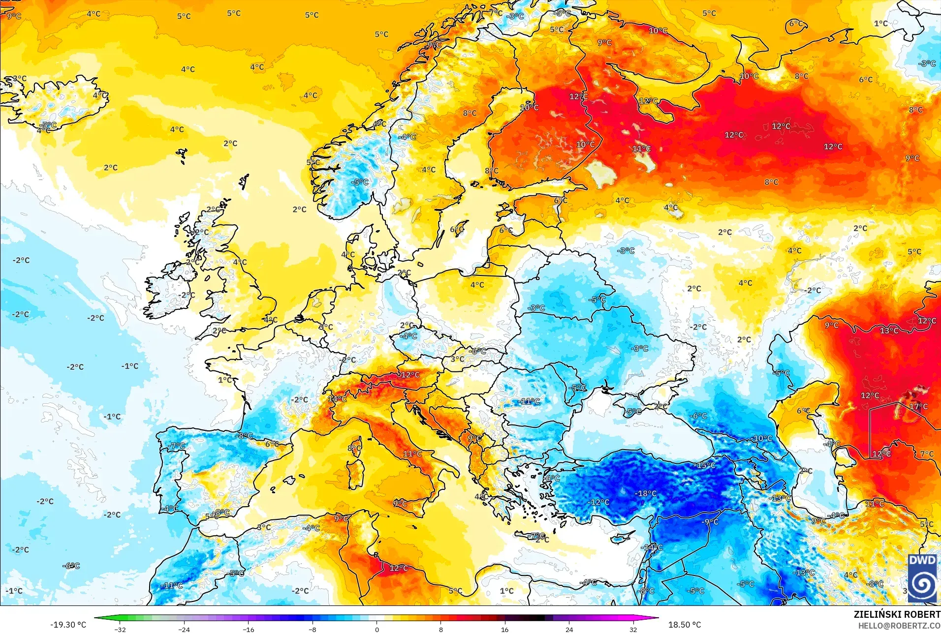 ICON model - Eropa, Anomali Suhu 2 m