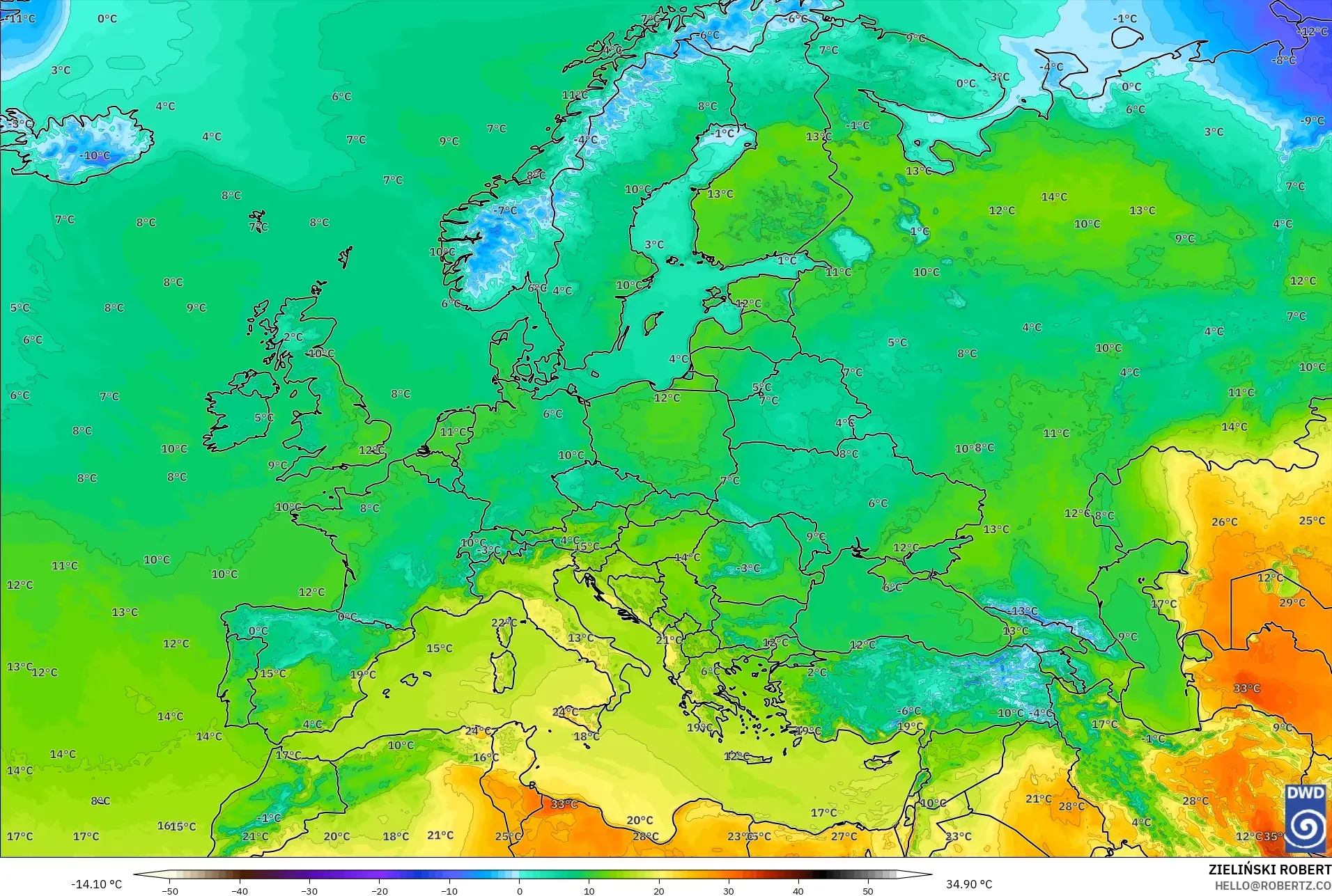ICON model - Eropa, Suhu 2 m