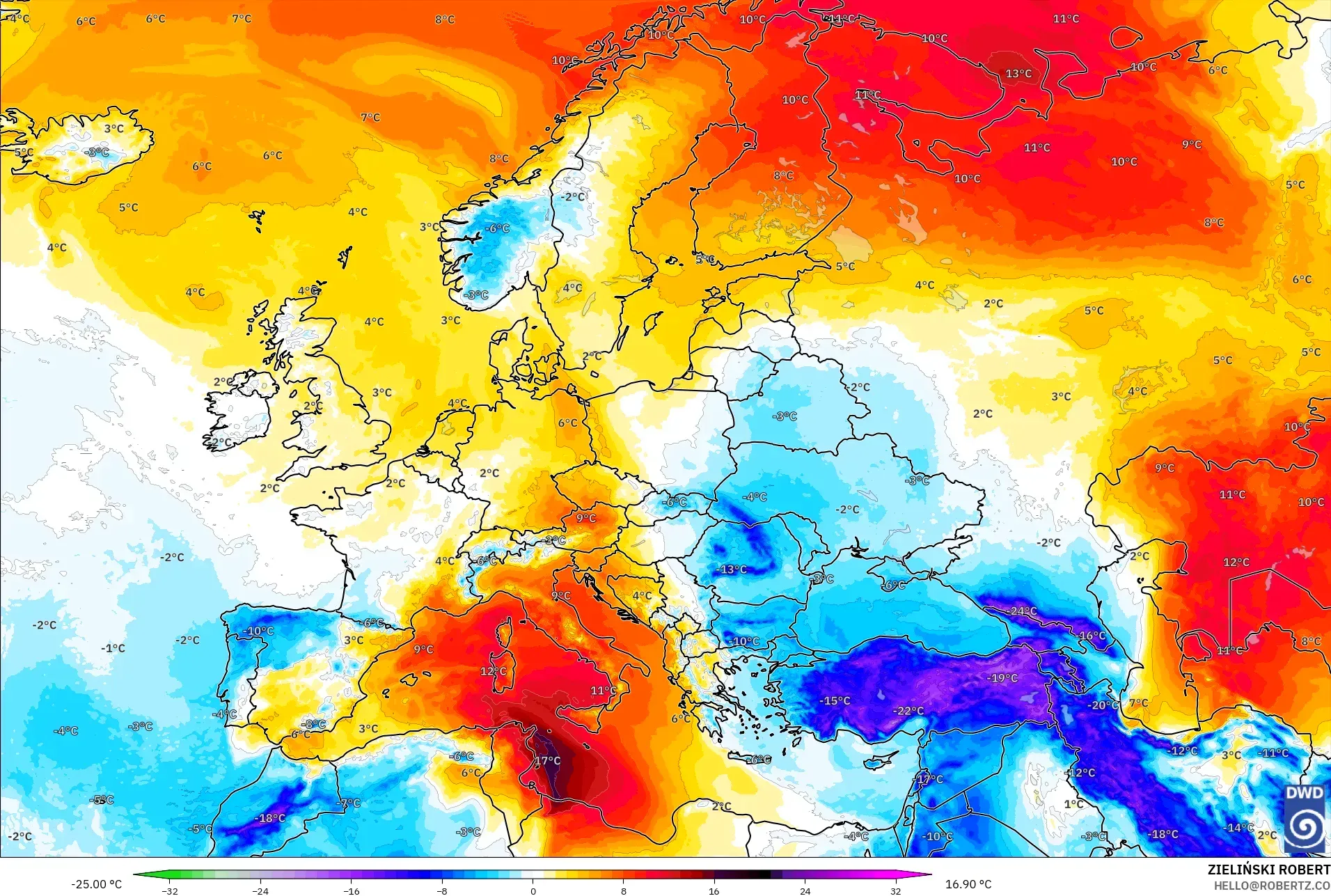 ICON model - Eropa, Anomali Suhu 850 hPa