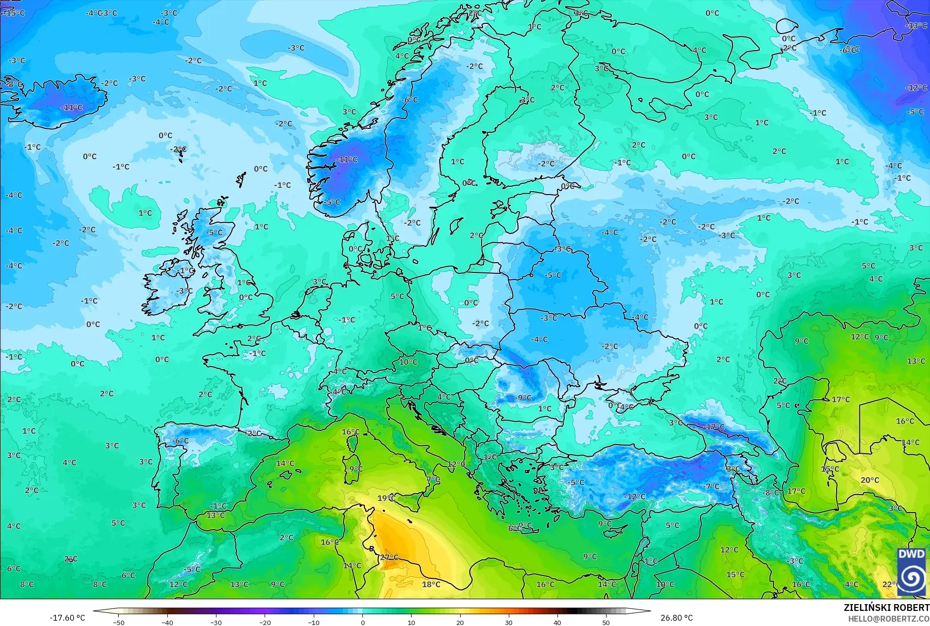 ICON model - Eropa, Suhu 850 hPa