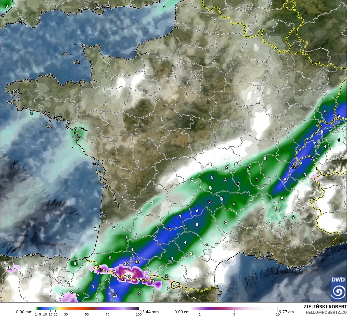 ICON model - Prancis, Curah Hujan, Awan, dan Tekanan
