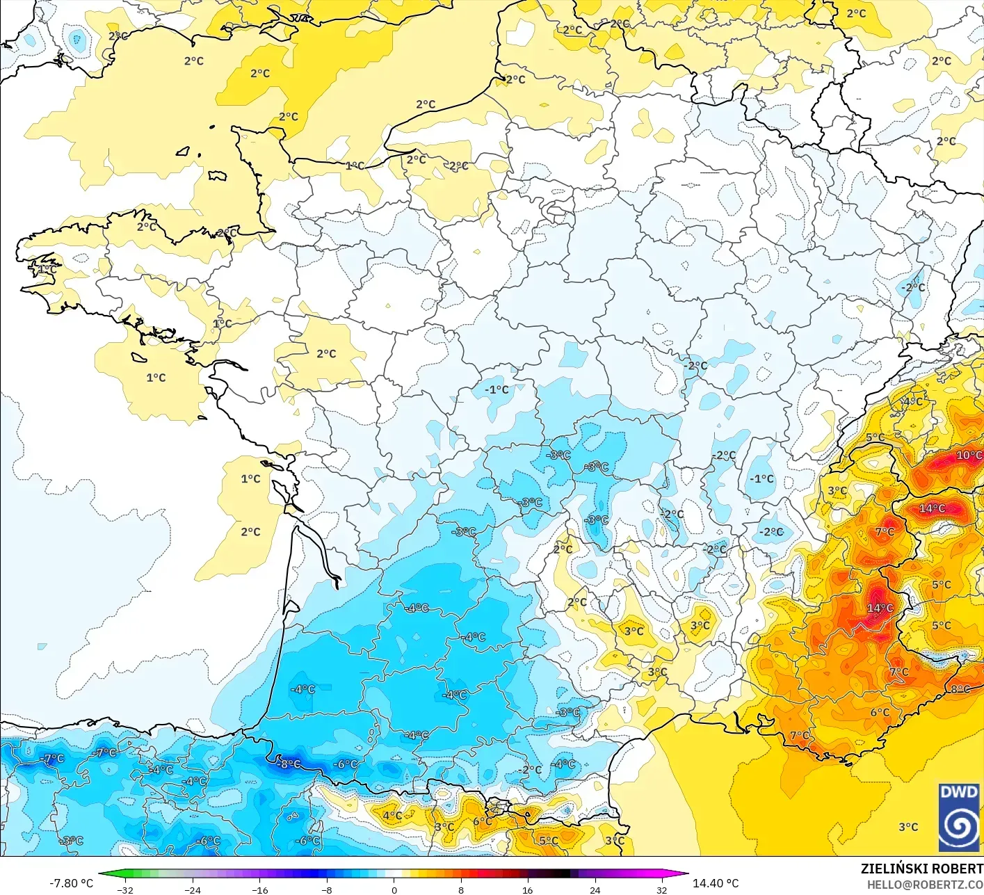 ICON model - Prancis, Anomali Suhu 2 m