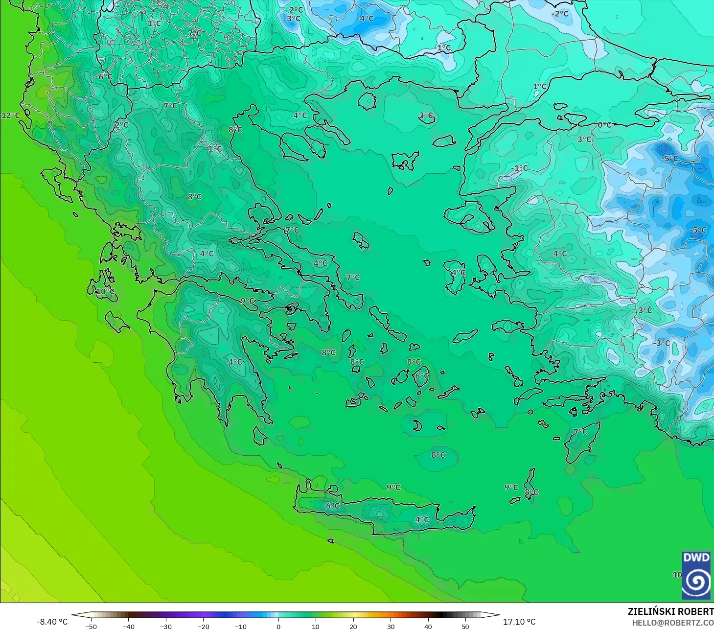 ICON model - Yunani, Suhu 850 hPa