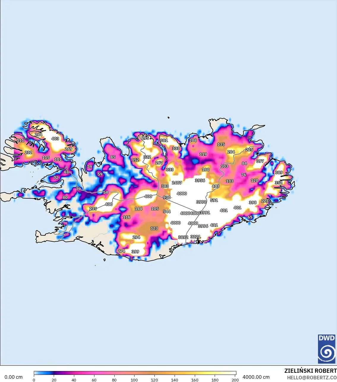 ICON model - Islandia, Kedalaman Salju