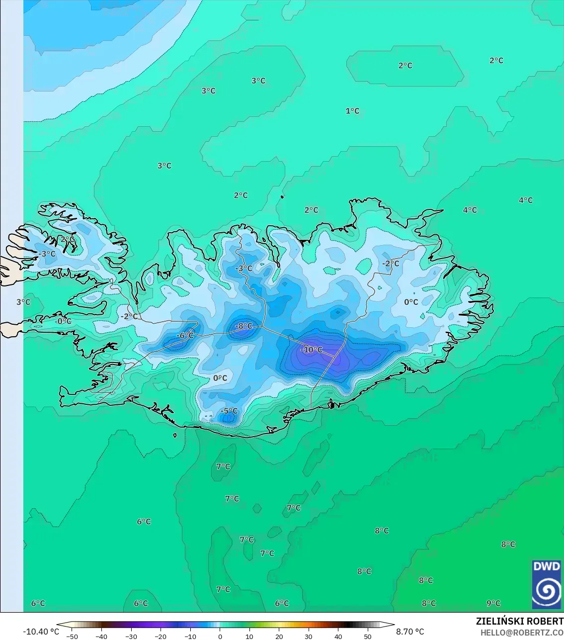 ICON model - Islandia, Suhu 2 m