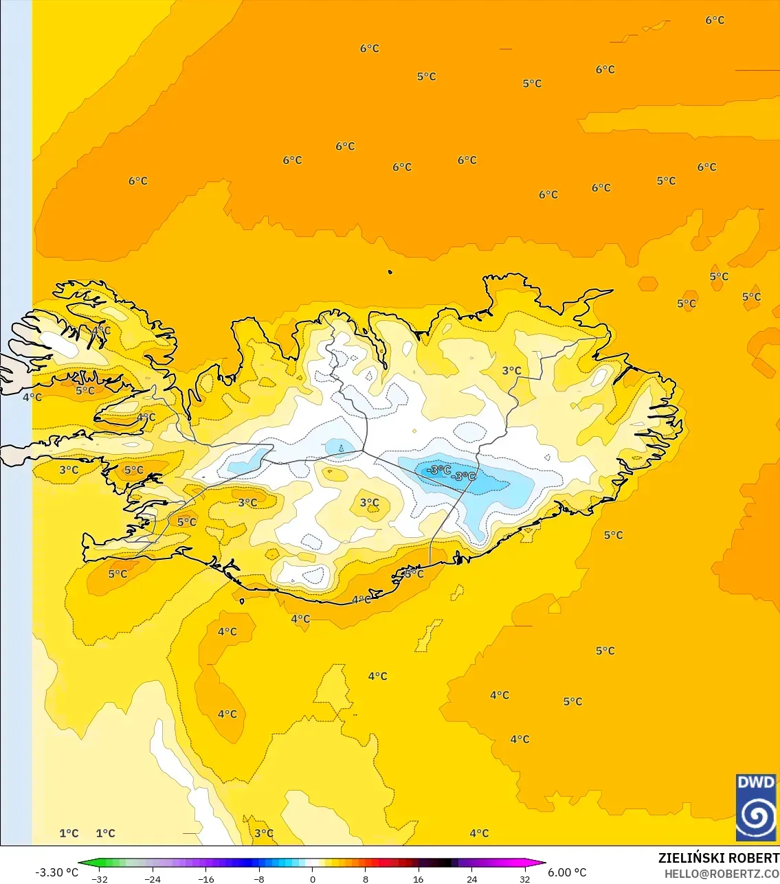 ICON model - Islandia, Anomali Suhu 850 hPa