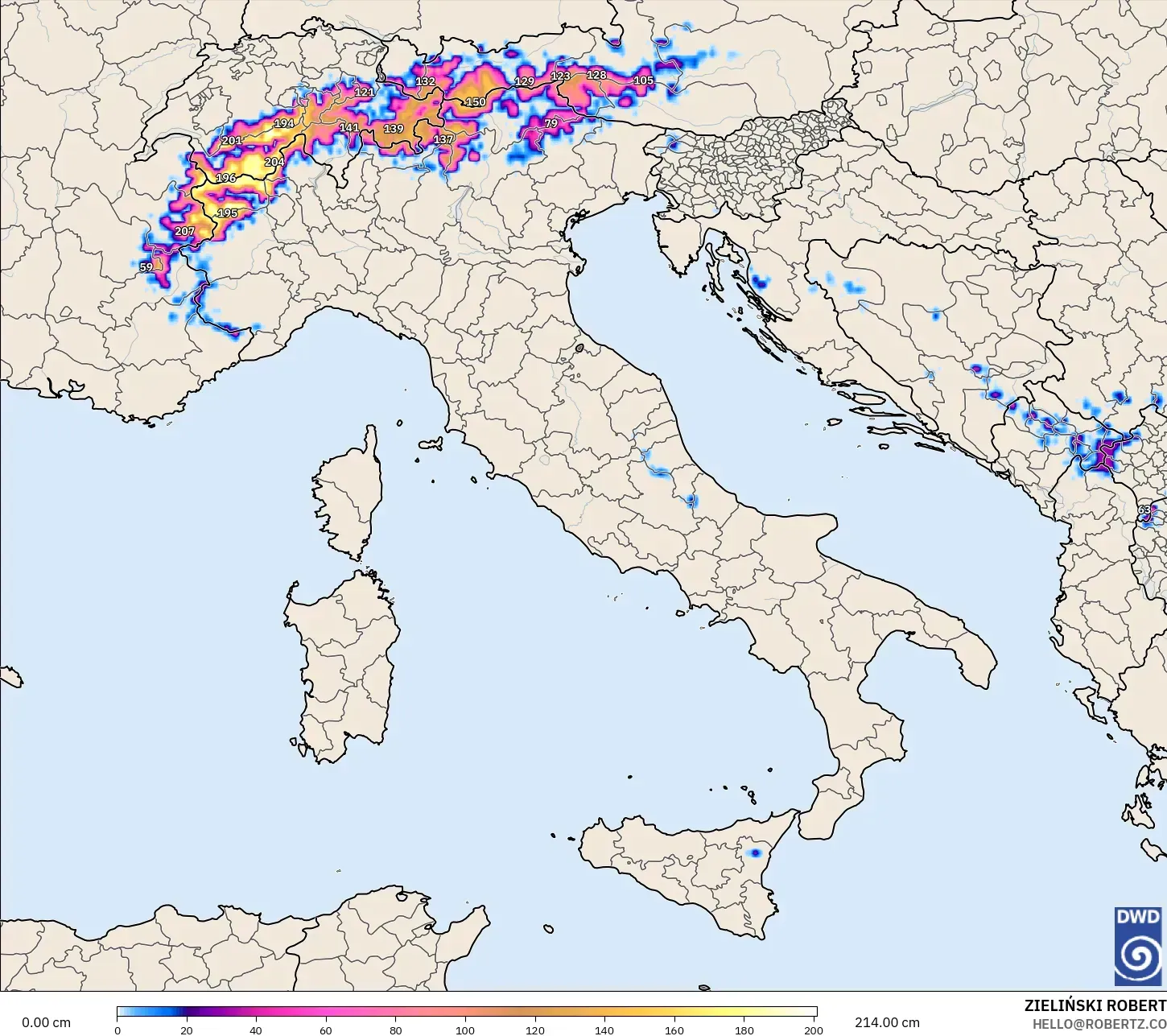 ICON model - Italia, Kedalaman Salju
