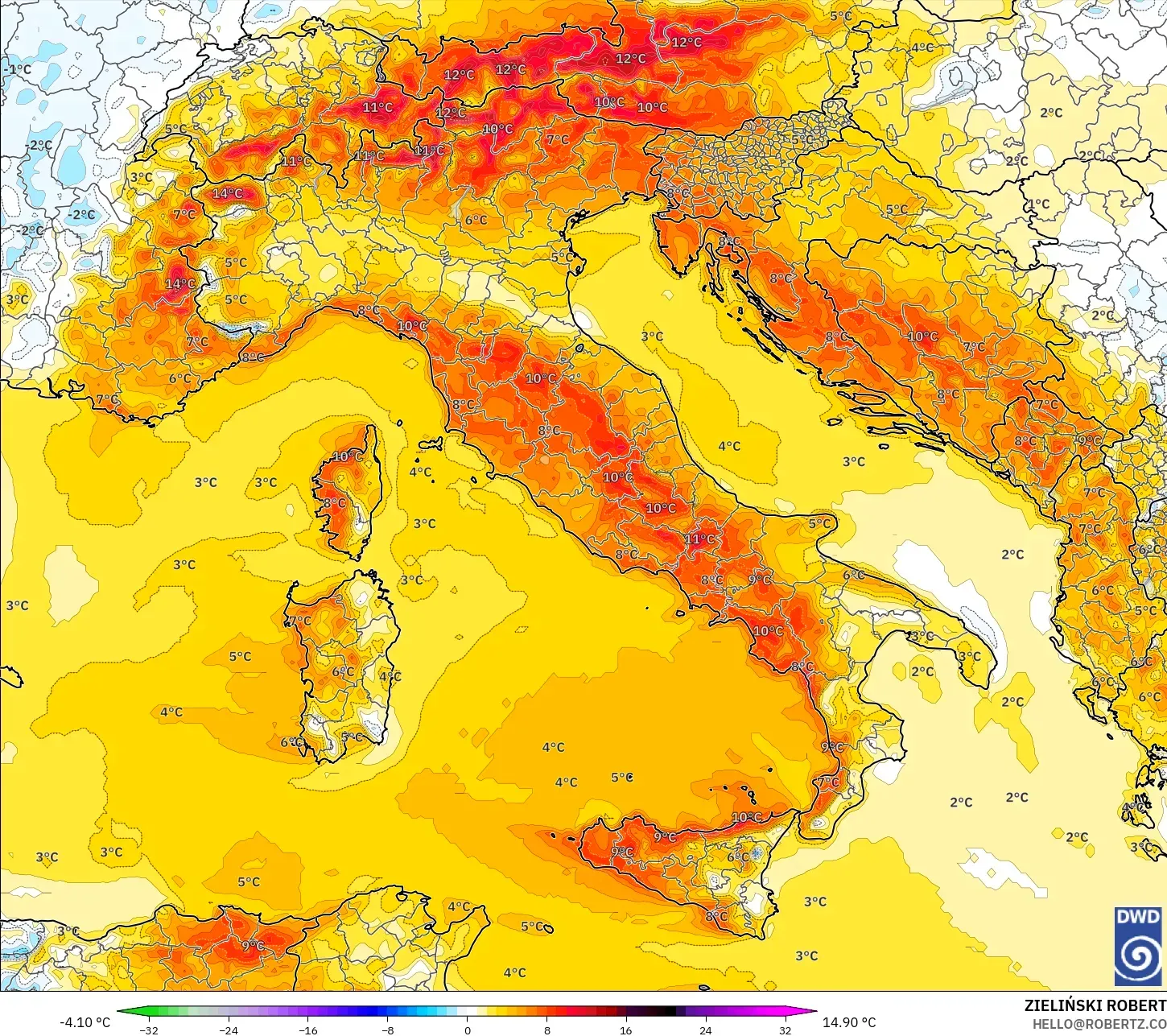 ICON model - Italia, Anomali Suhu 2 m