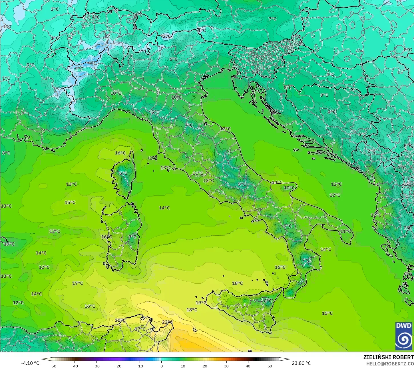 ICON model - Italia, Suhu 850 hPa