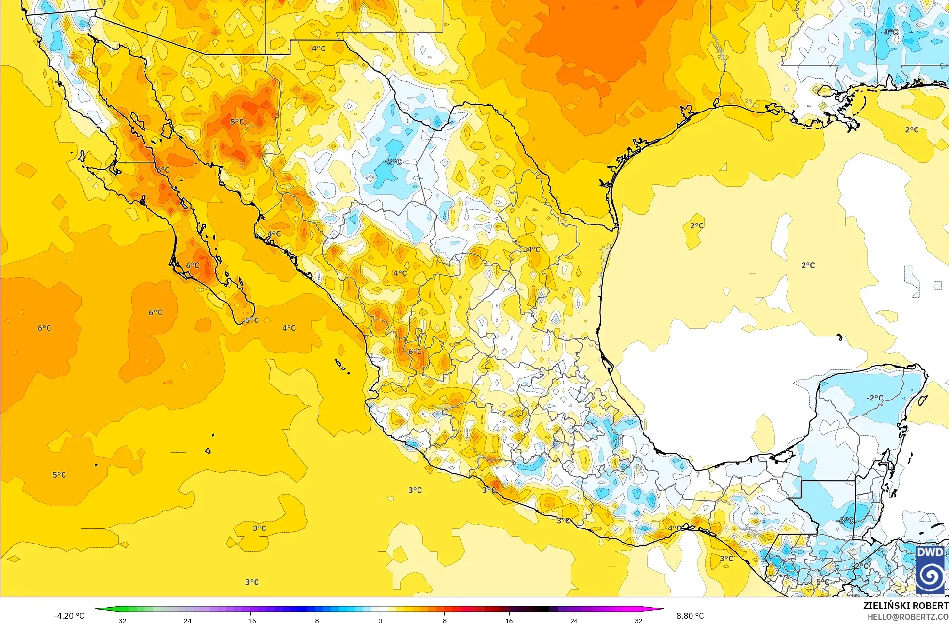 ICON model - Meksiko, Anomali Suhu 2 m