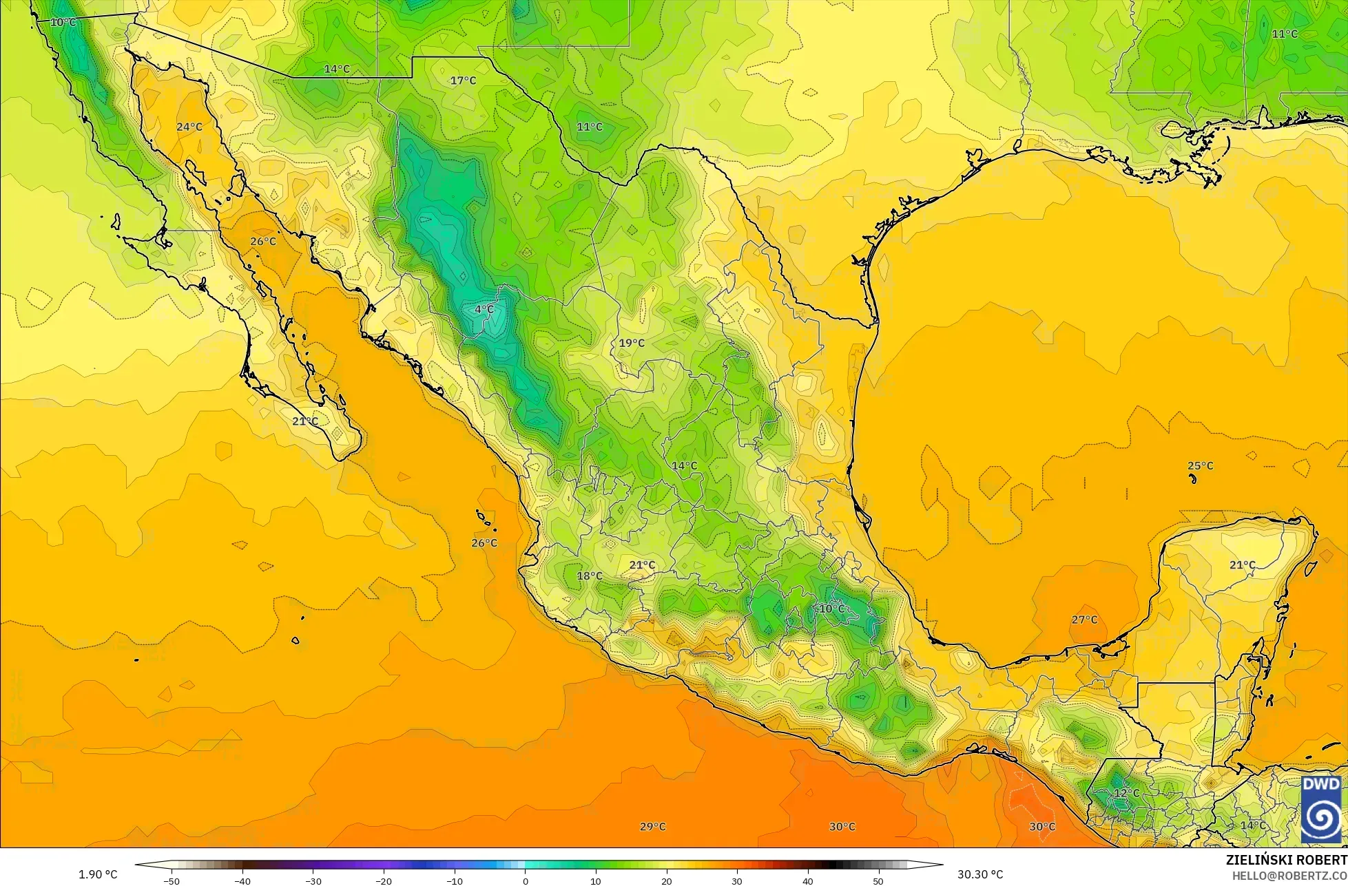 ICON model - Meksiko, Suhu 2 m