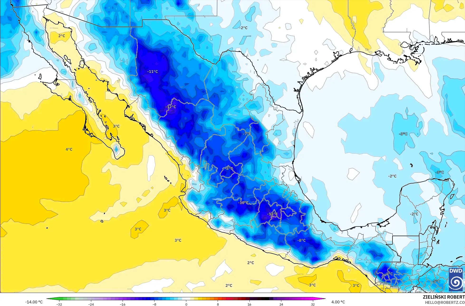 ICON model - Meksiko, Anomali Suhu 850 hPa