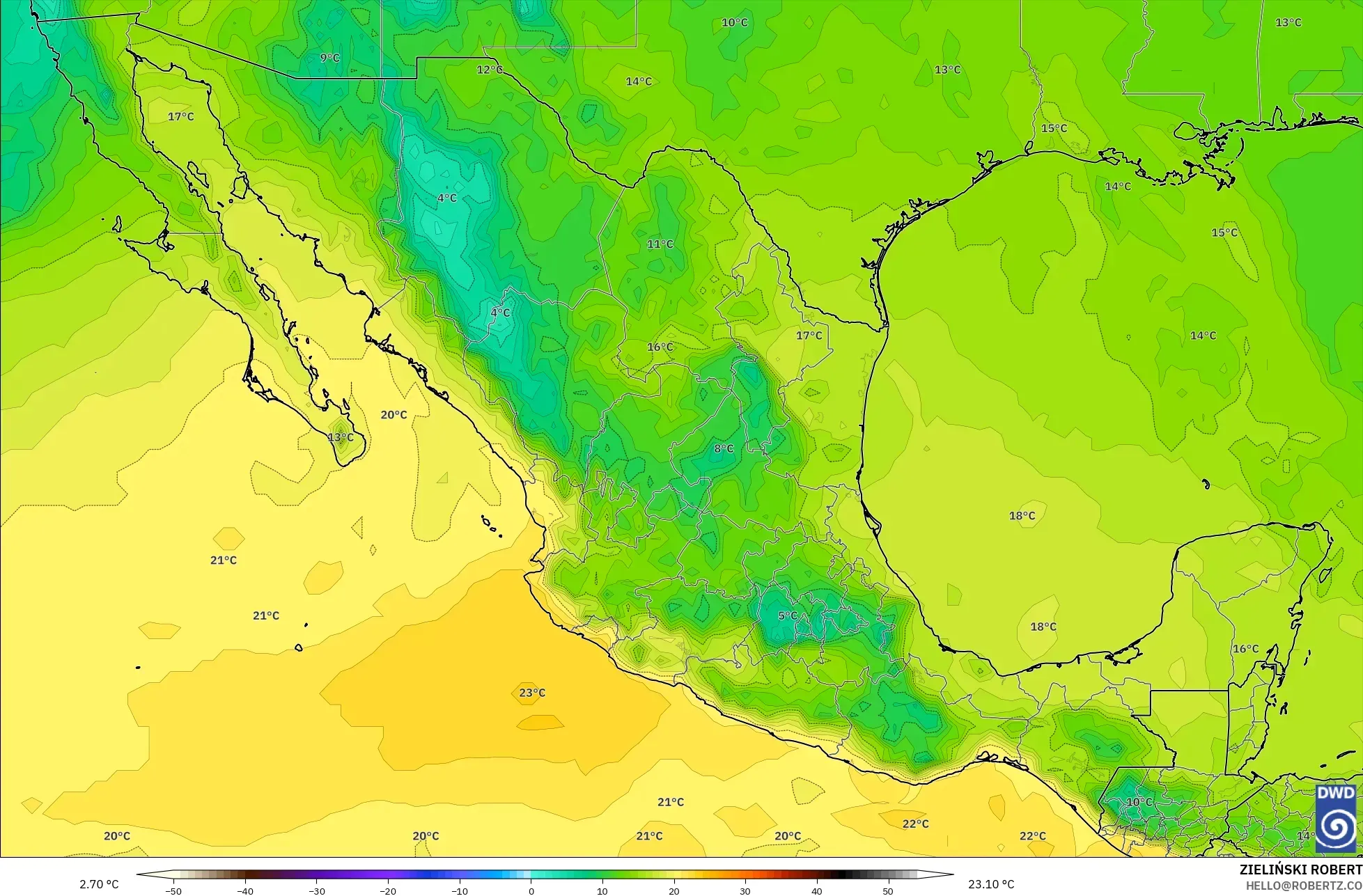 ICON model - Meksiko, Suhu 850 hPa