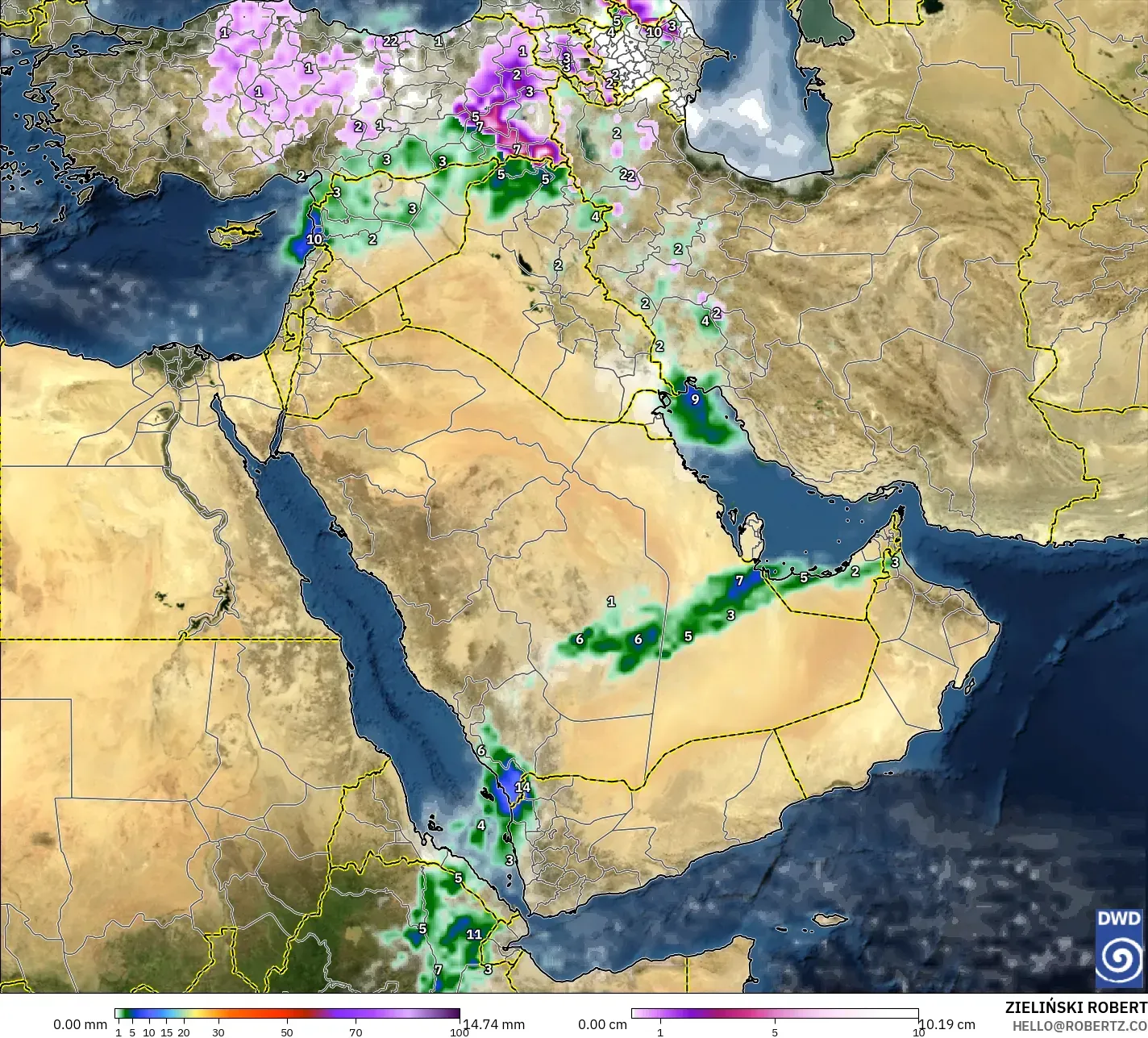 ICON model - Timur Tengah, Curah Hujan, Awan, dan Tekanan