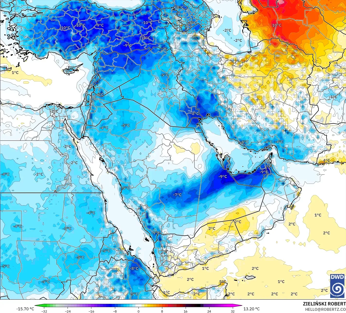 ICON model - Timur Tengah, Anomali Suhu 2 m