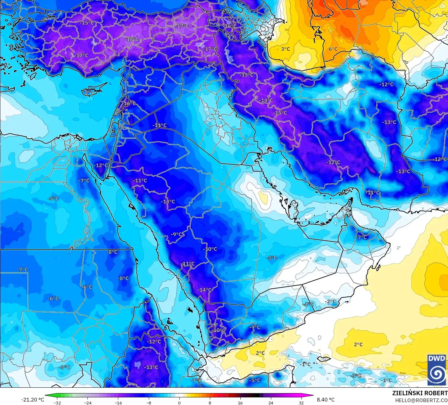 ICON model - Timur Tengah, Anomali Suhu 850 hPa