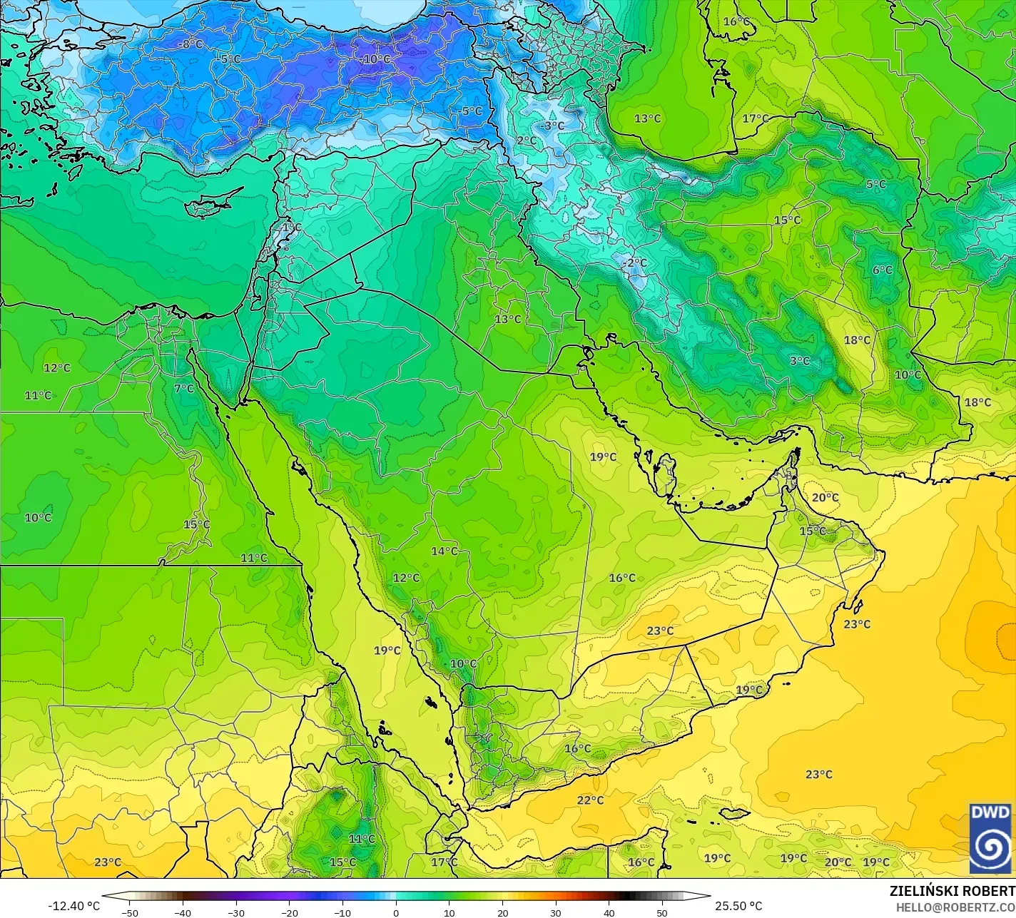 ICON model - Timur Tengah, Suhu 850 hPa