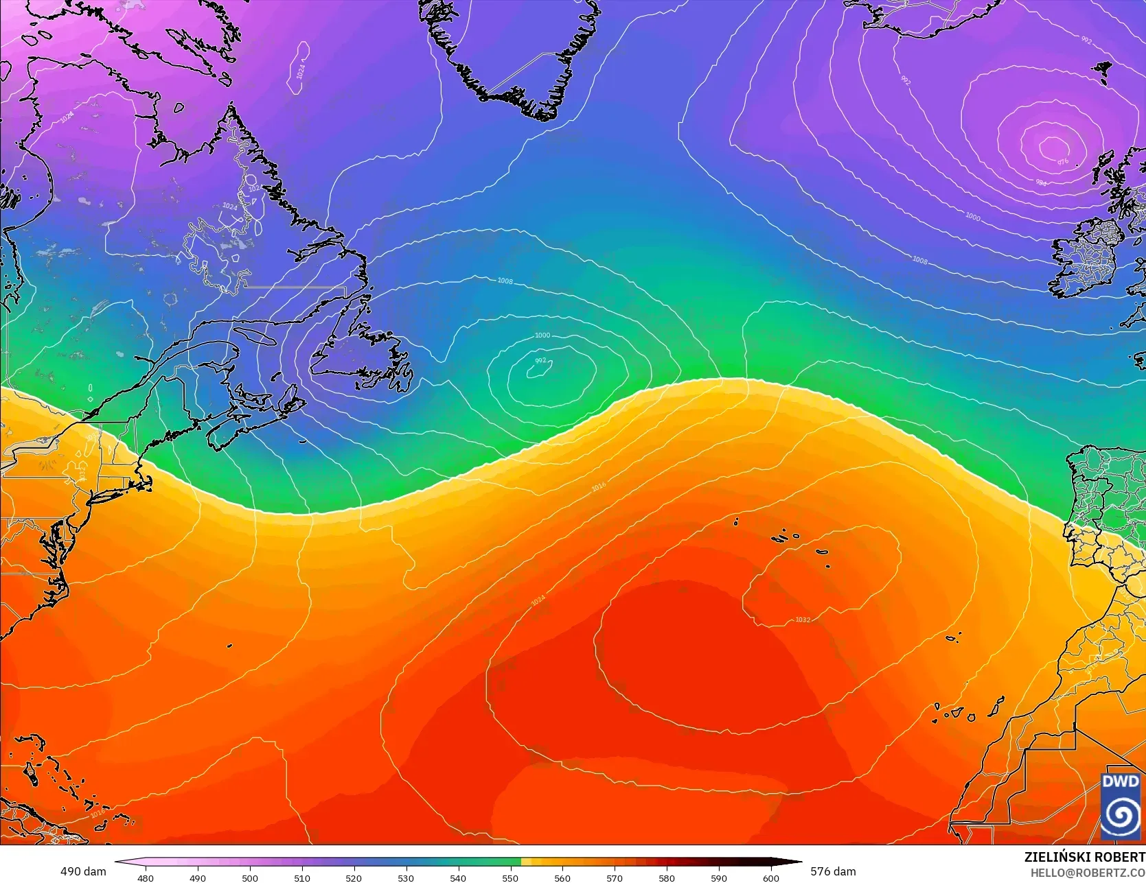 ICON model - Atlantik Utara, Ketinggian geopotensial pada 500 hPa