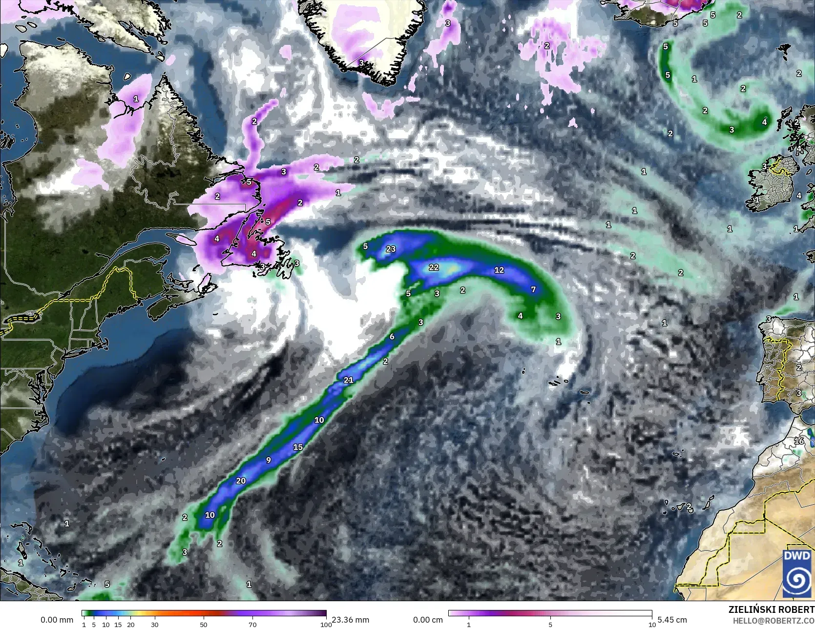 ICON model - Atlantik Utara, Curah Hujan, Awan, dan Tekanan
