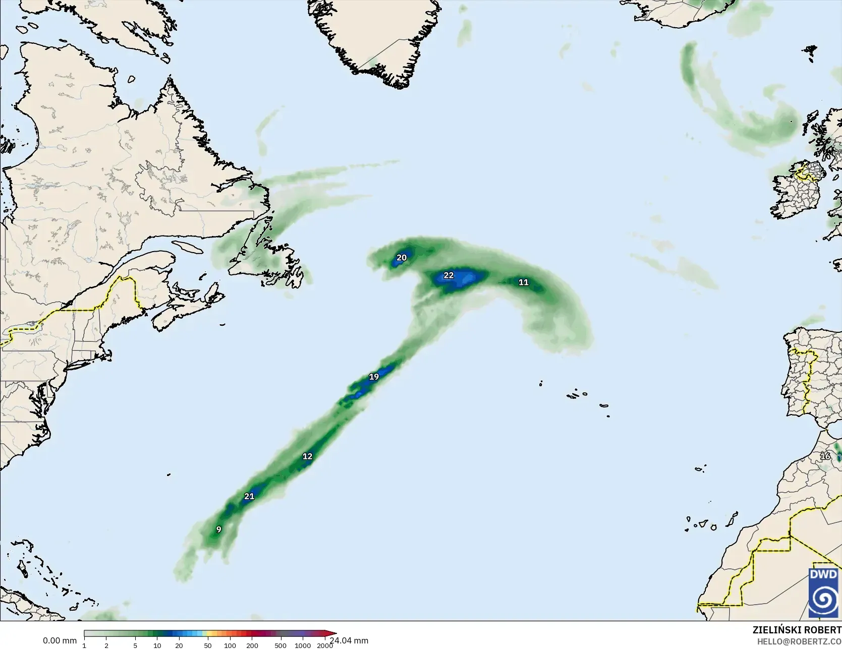 ICON model - Atlantik Utara, Akumulasi Curah Hujan