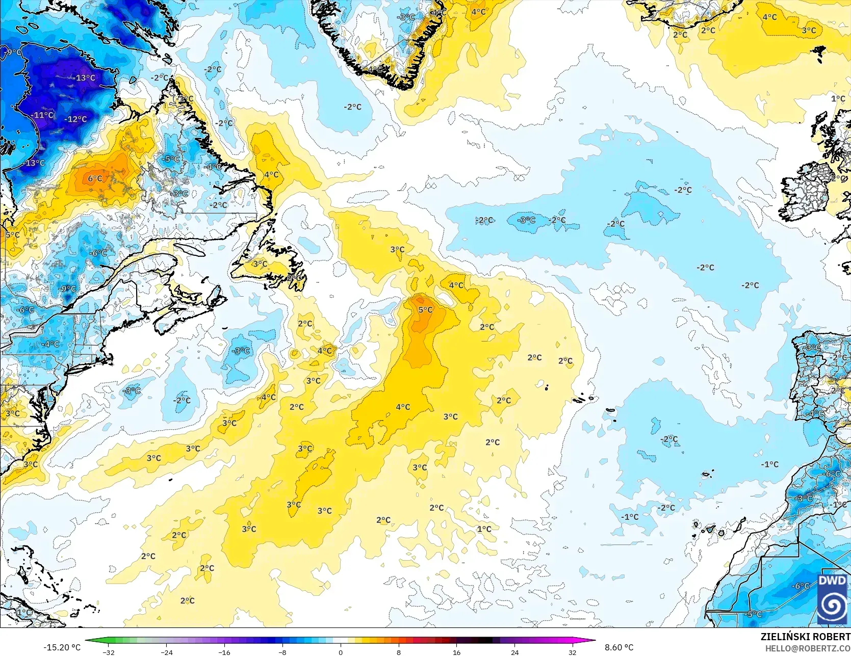 ICON model - Atlantik Utara, Anomali Suhu 2 m