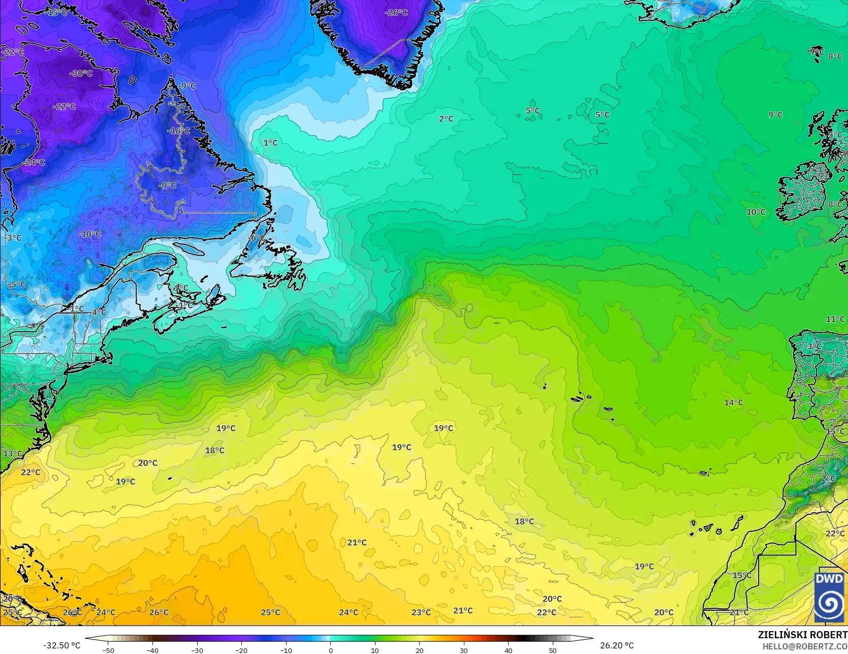 ICON model - Atlantik Utara, Suhu 2 m