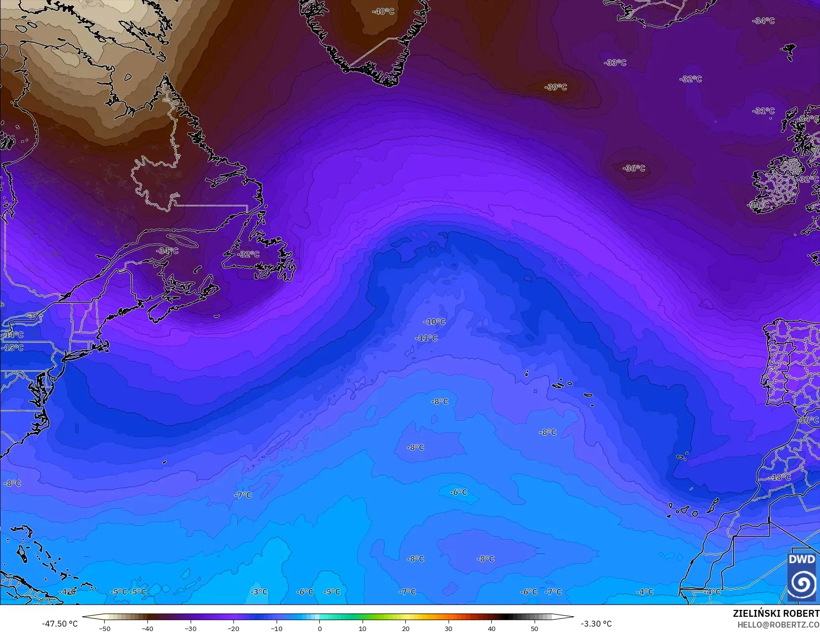 ICON model - Atlantik Utara, Suhu 500 hPa