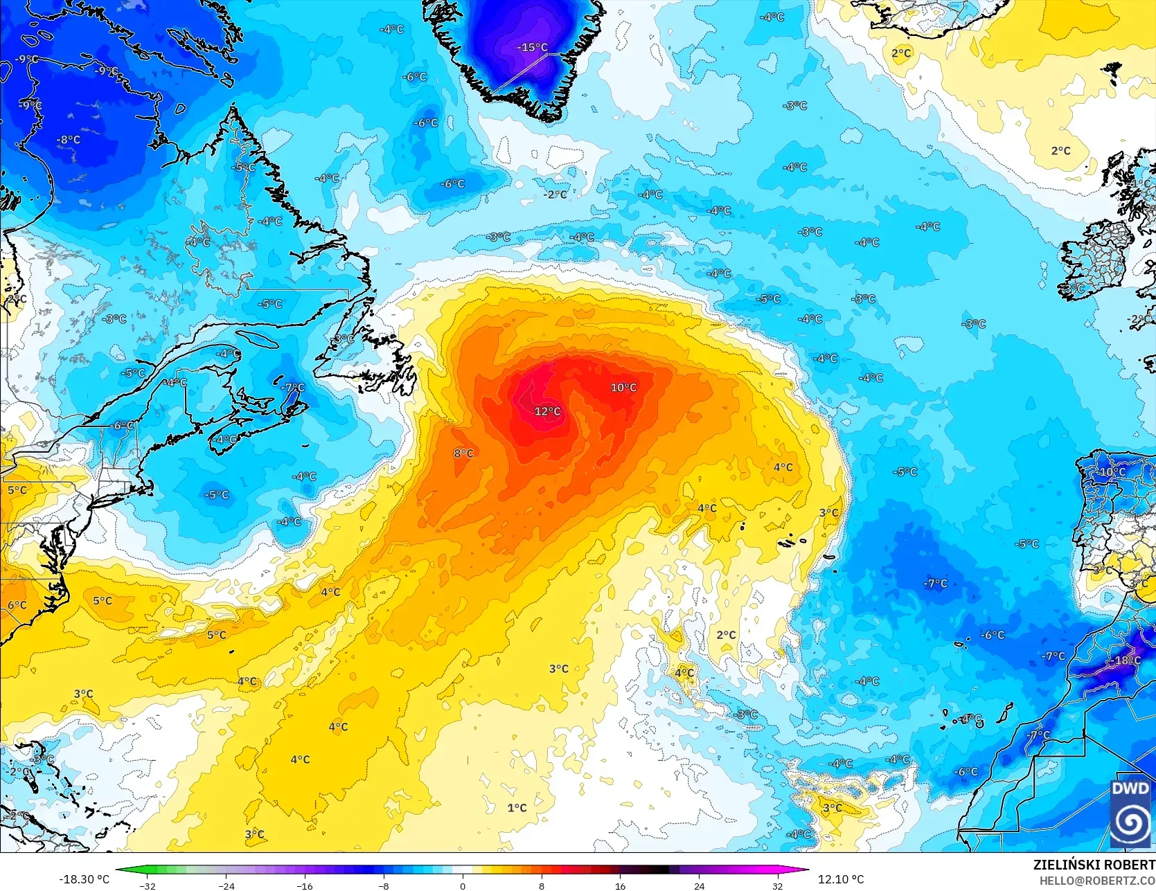 ICON model - Atlantik Utara, Anomali Suhu 850 hPa