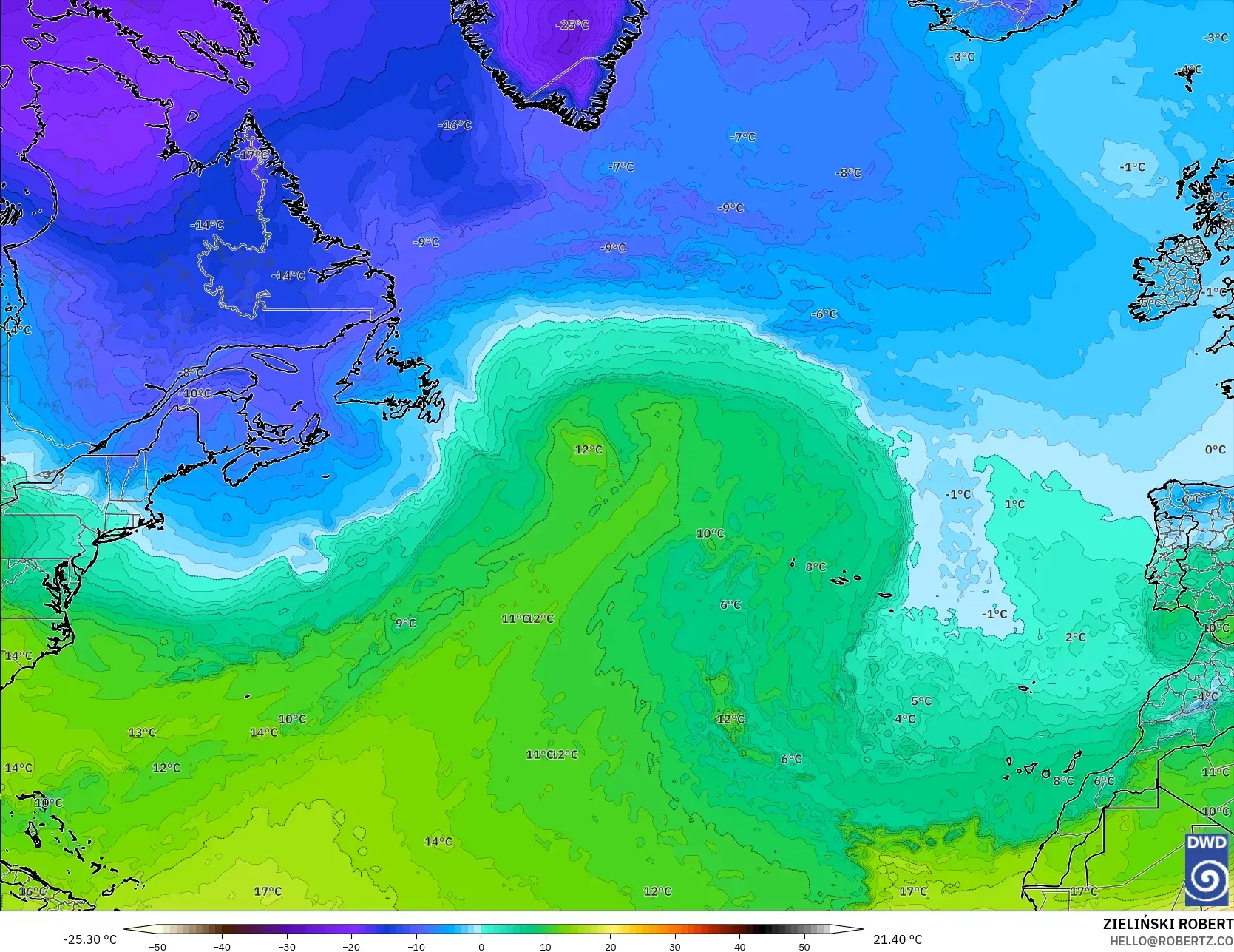 ICON model - Atlantik Utara, Suhu 850 hPa