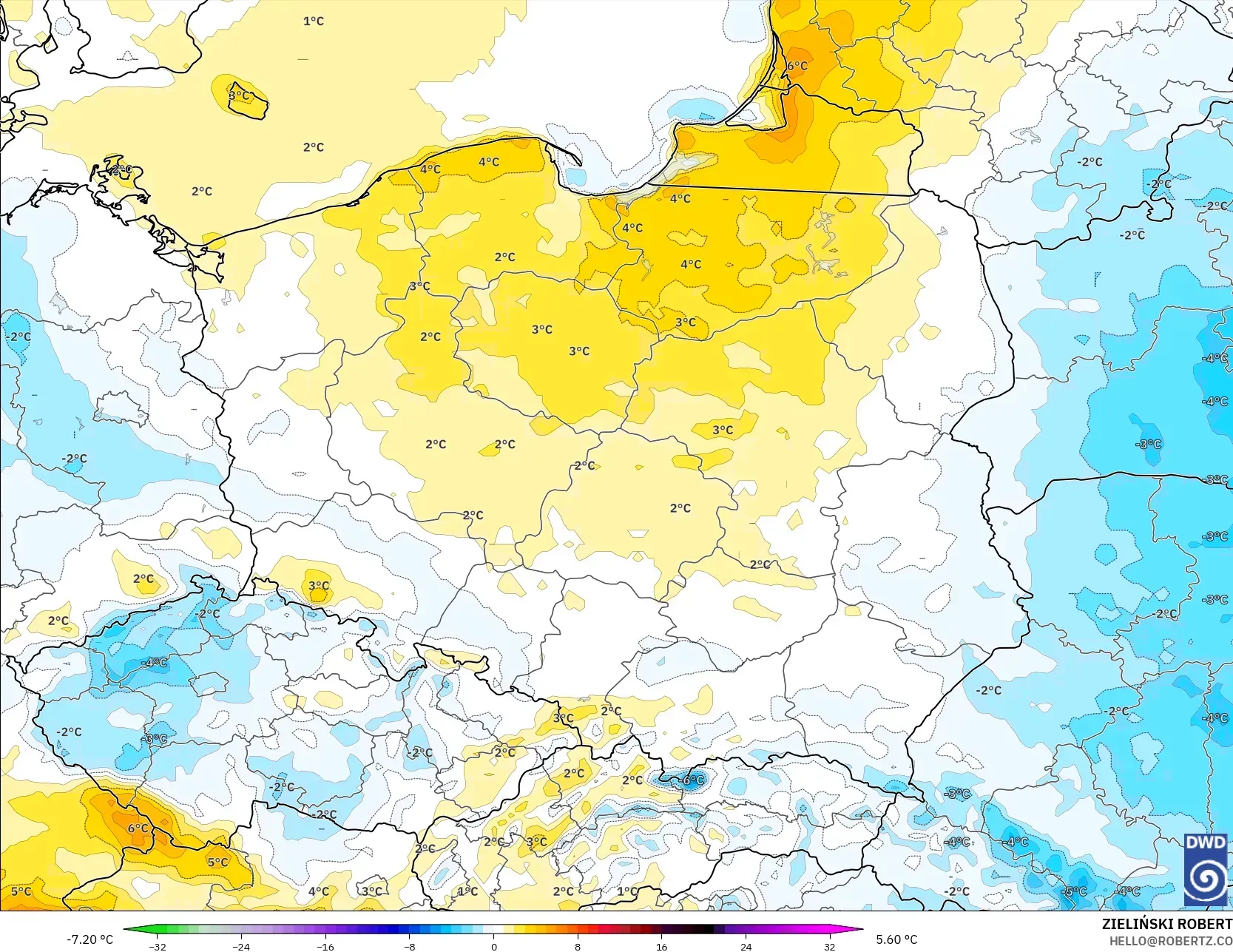 ICON model - Polandia, Anomali Suhu 2 m