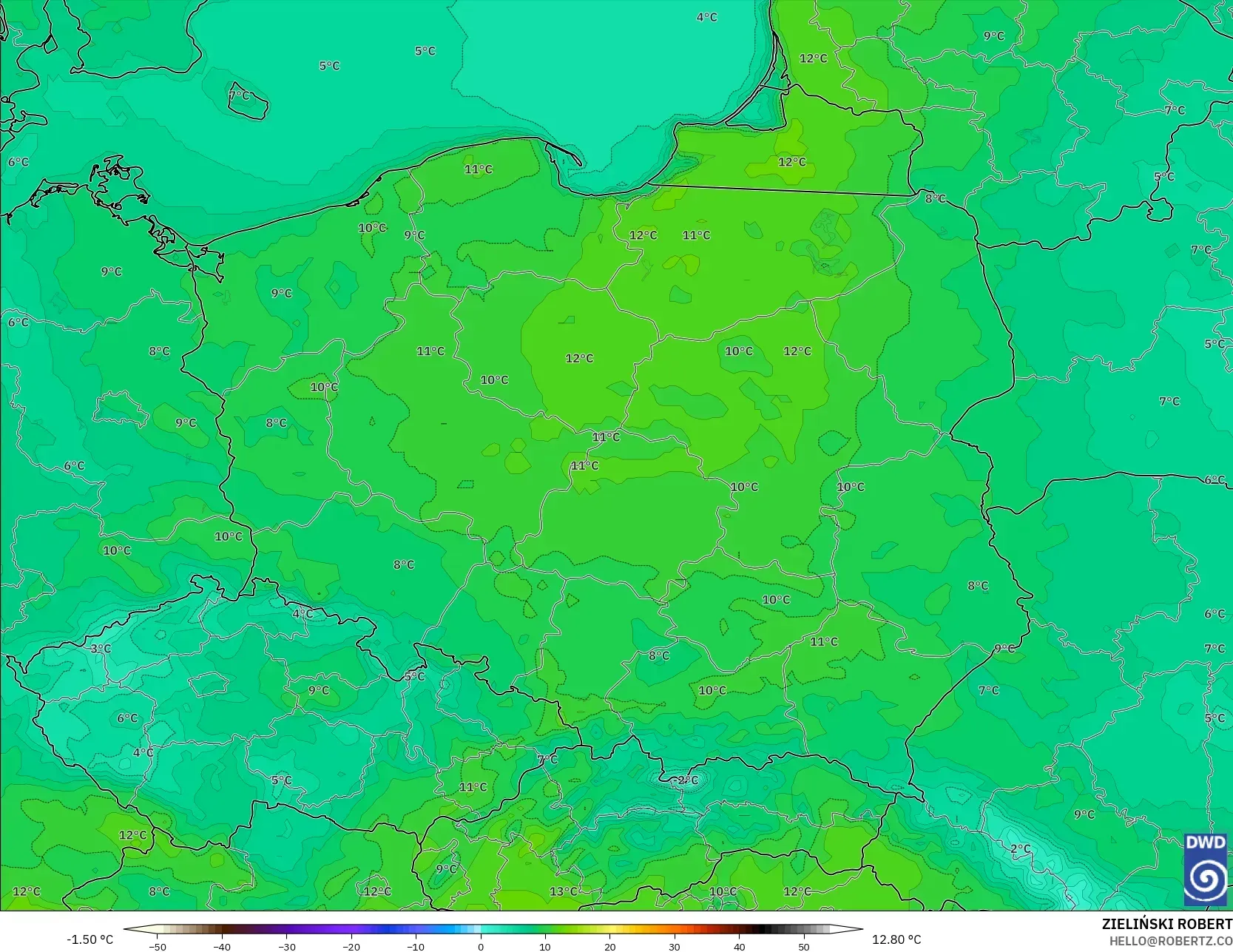 ICON model - Polandia, Suhu 2 m
