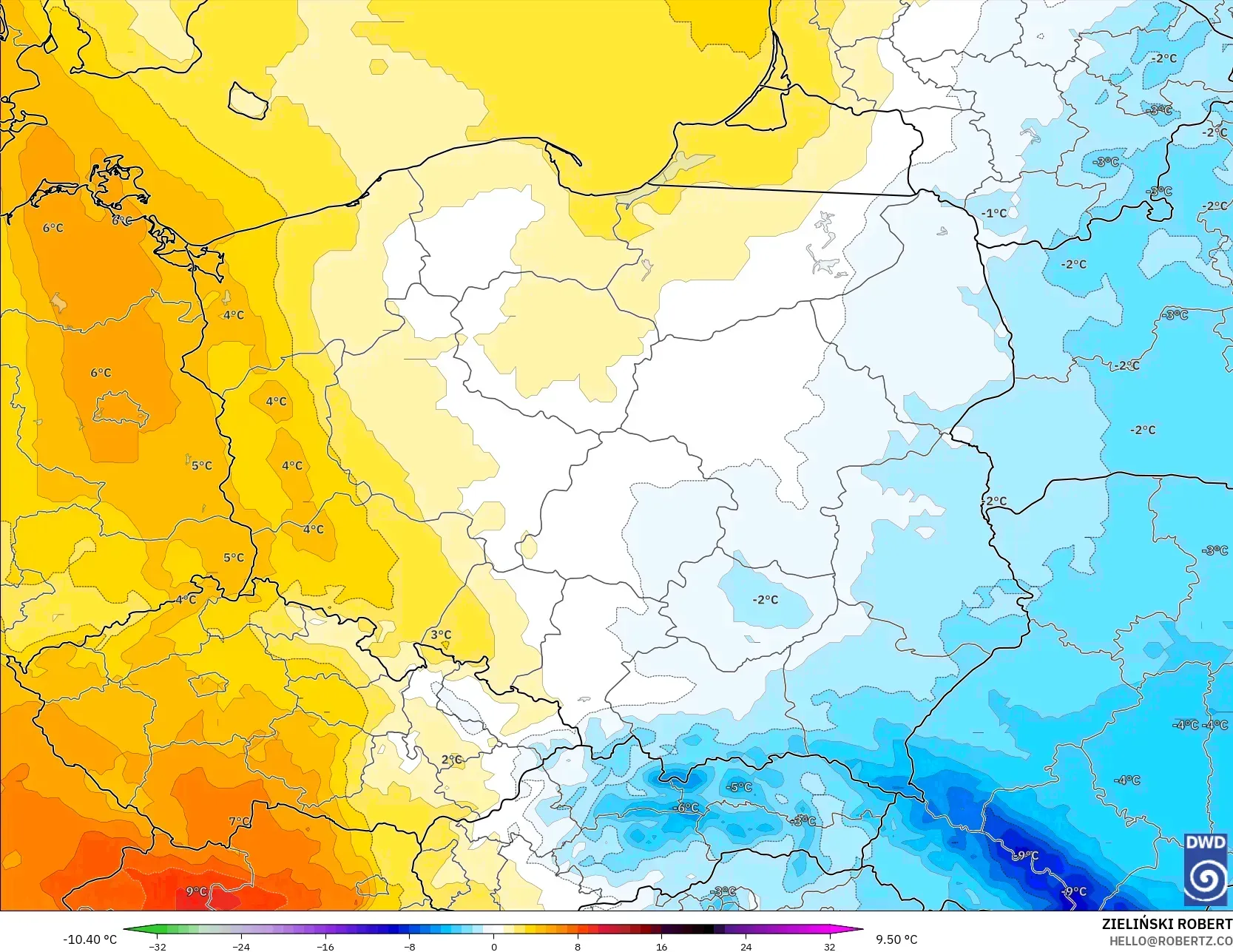 ICON model - Polandia, Anomali Suhu 850 hPa