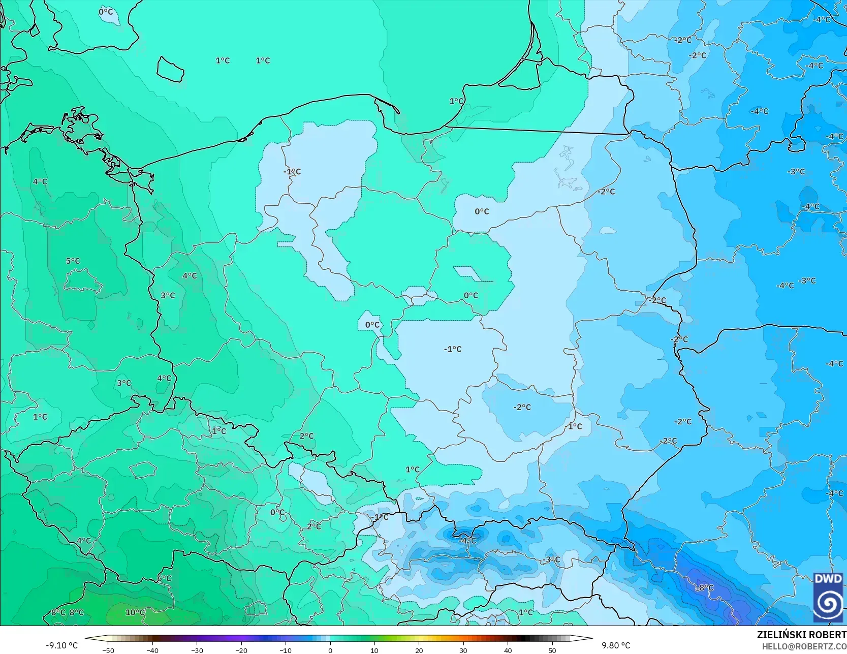 ICON model - Polandia, Suhu 850 hPa