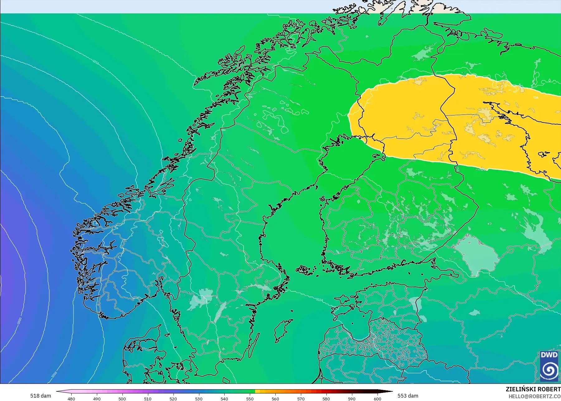 ICON model - Skandinavia, Ketinggian geopotensial pada 500 hPa
