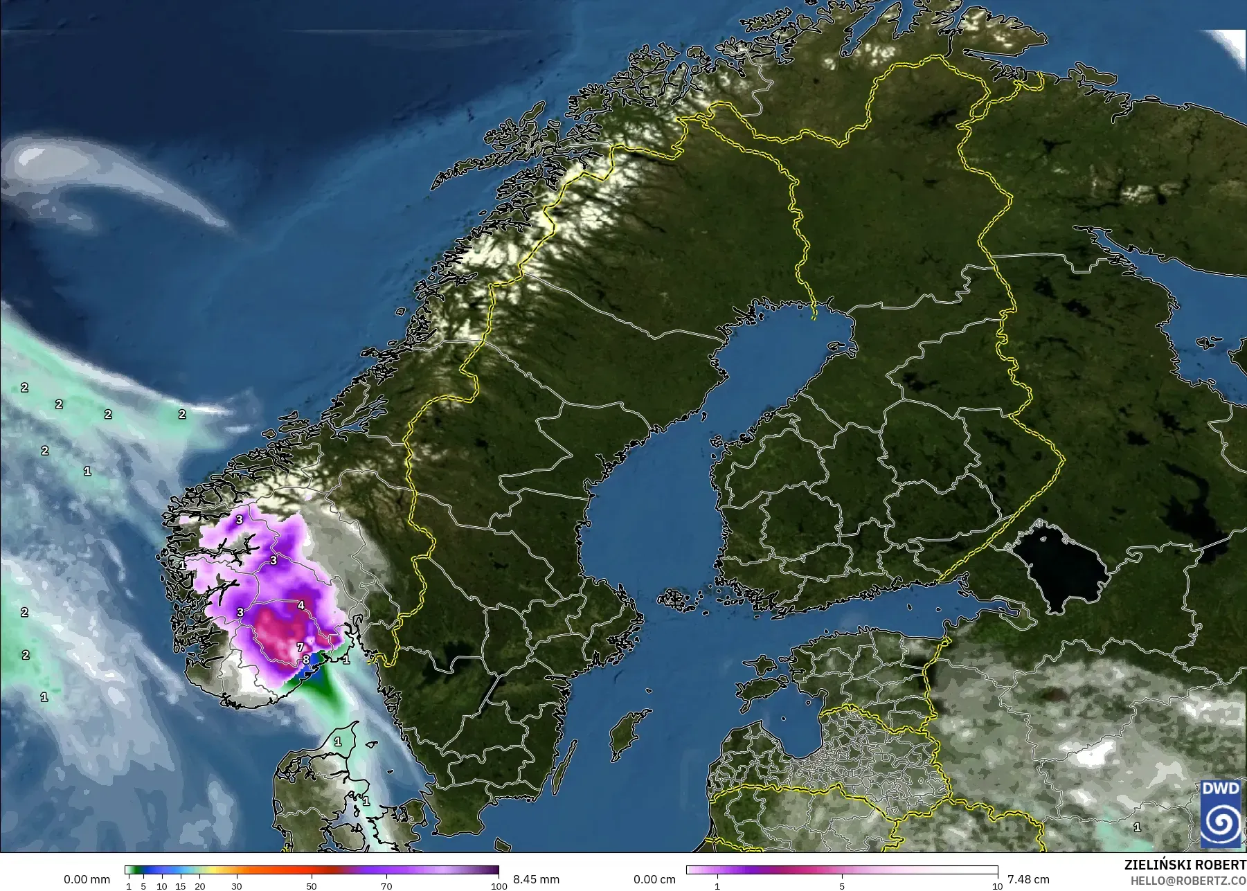 ICON model - Skandinavia, Curah Hujan, Awan, dan Tekanan