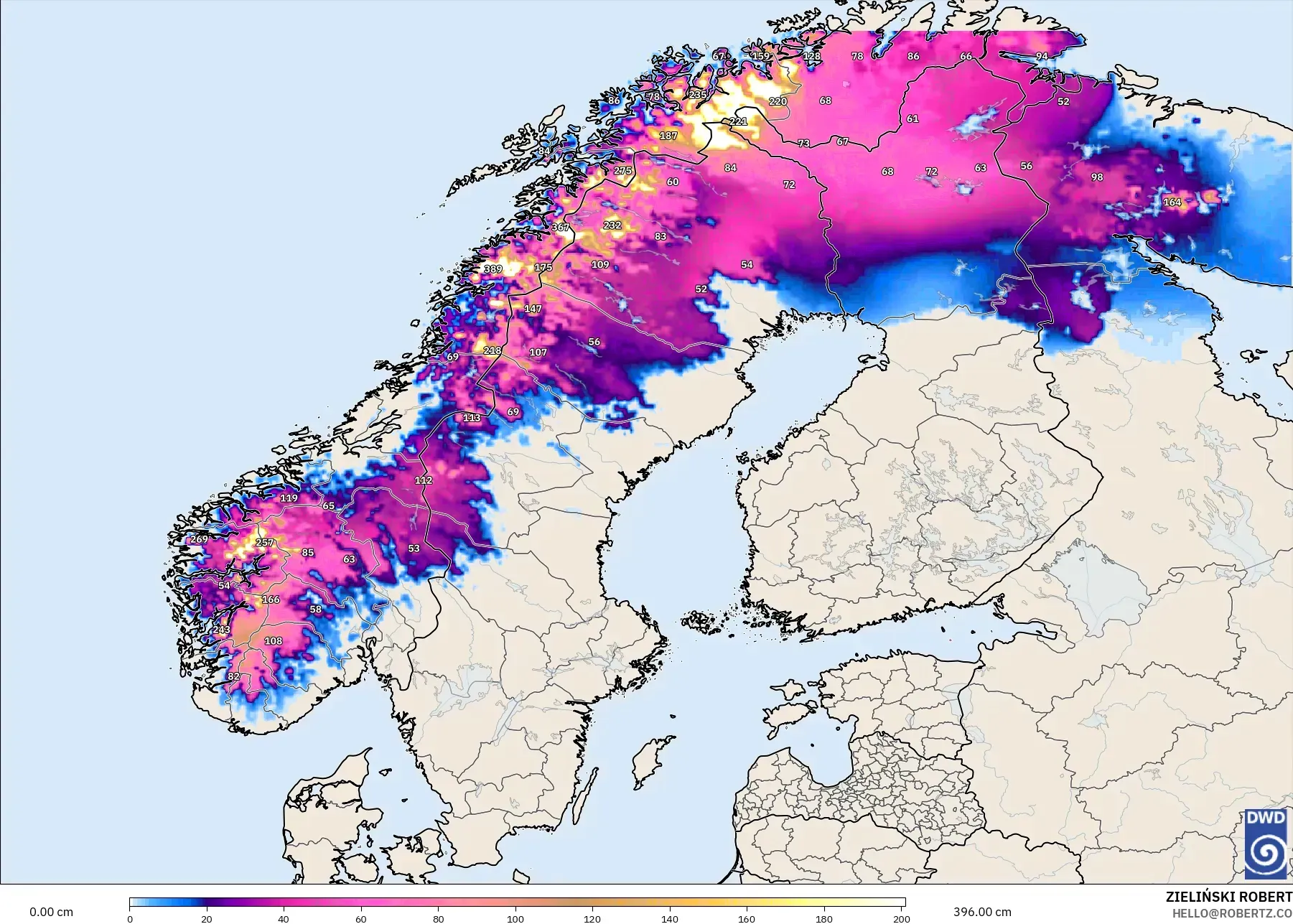 ICON model - Skandinavia, Kedalaman Salju