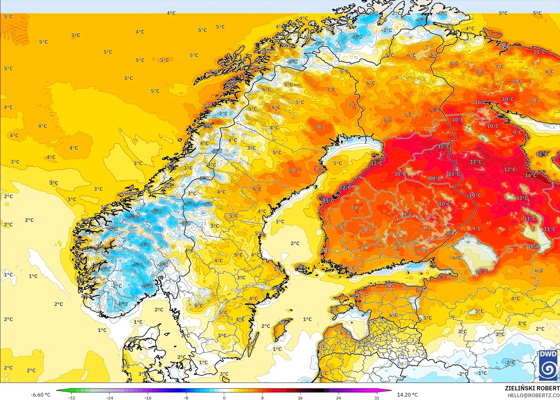 ICON model - Skandinavia, Anomali Suhu 2 m