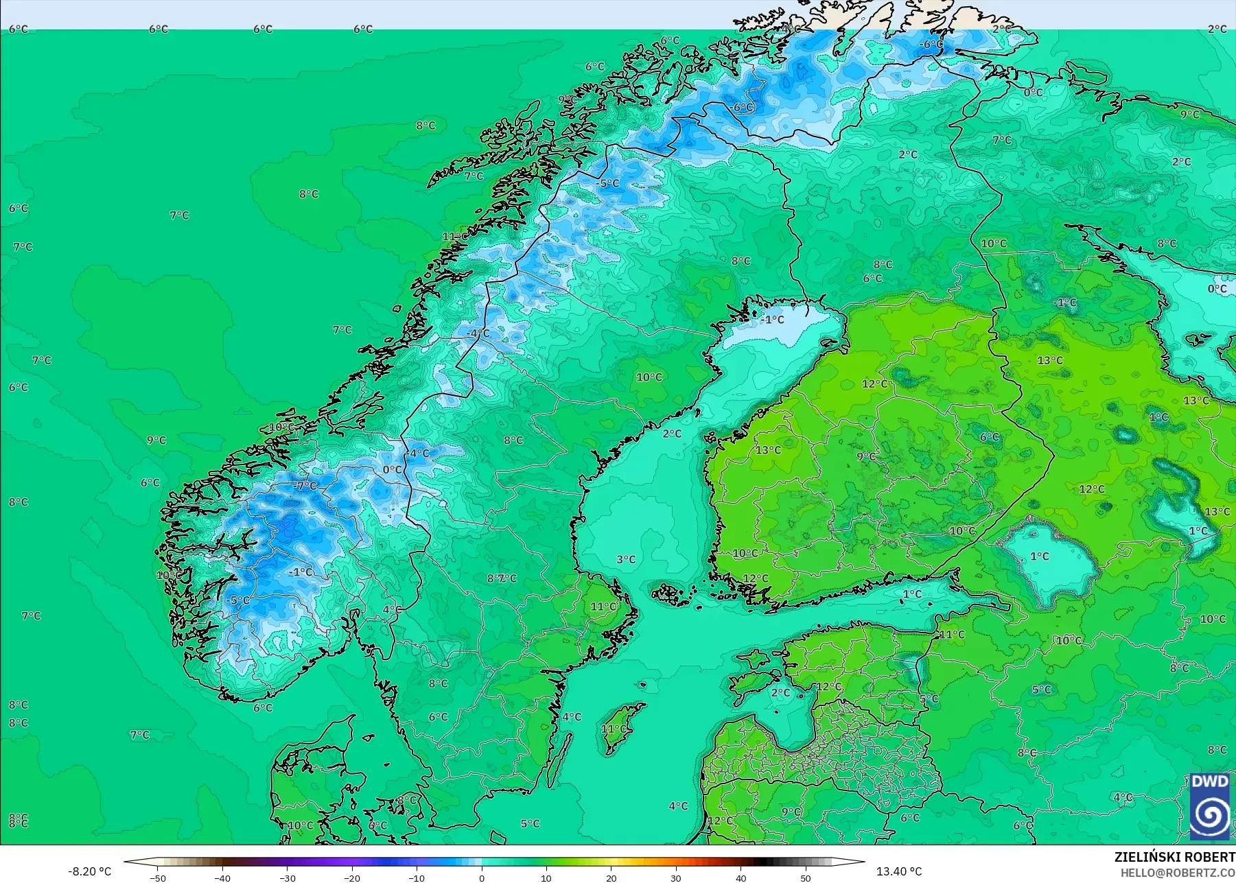 ICON model - Skandinavia, Suhu 2 m