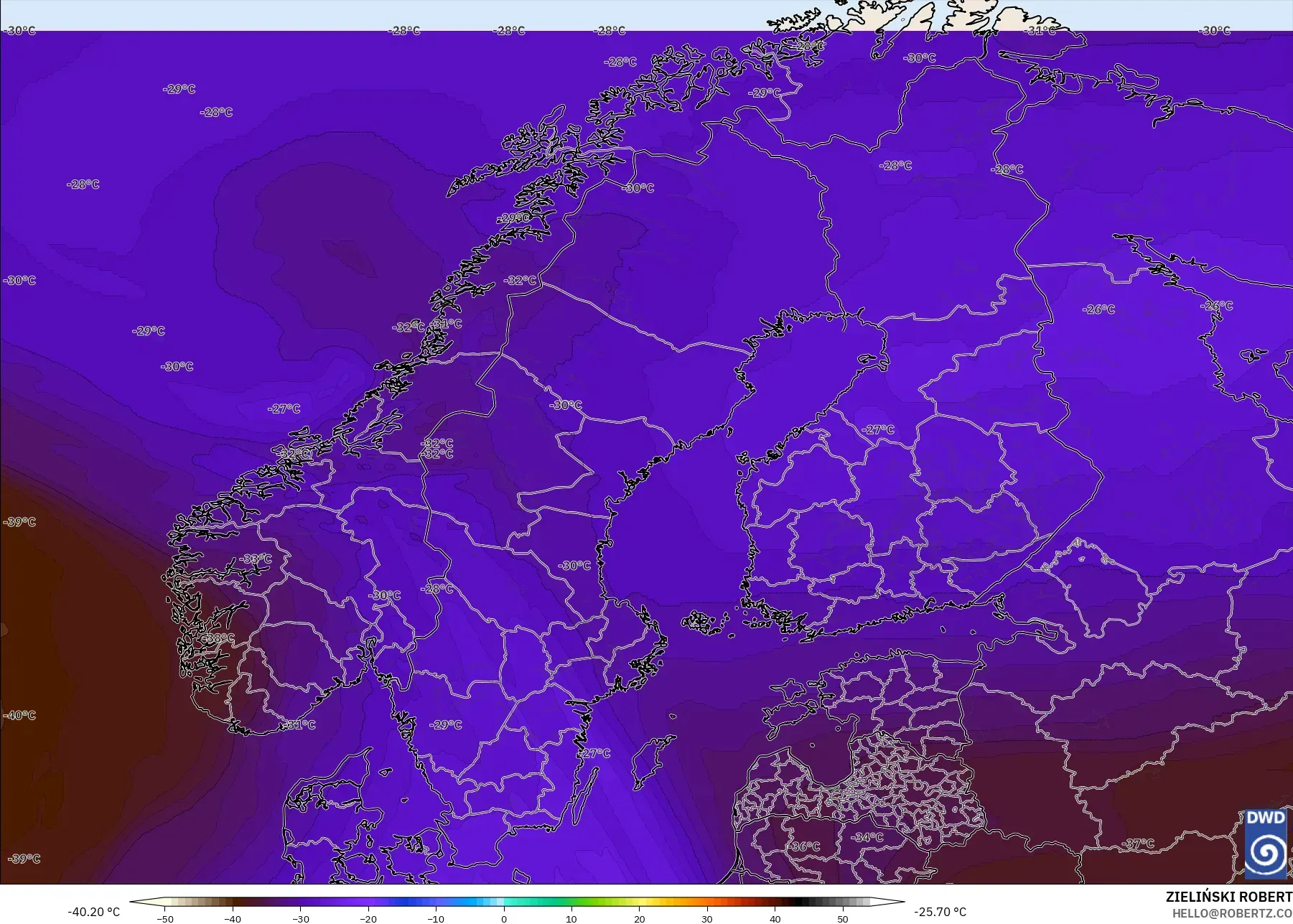 ICON model - Skandinavia, Suhu 500 hPa