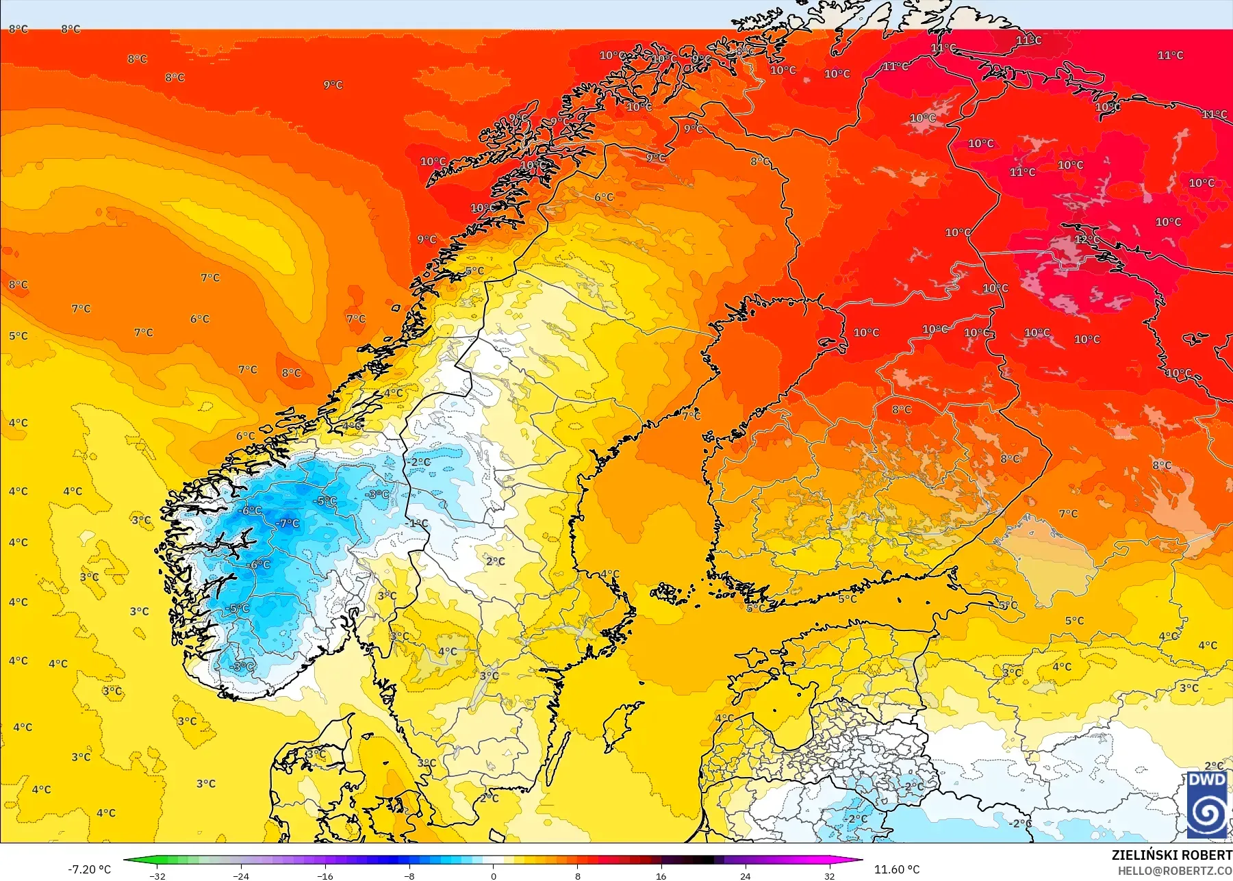 ICON model - Skandinavia, Anomali Suhu 850 hPa