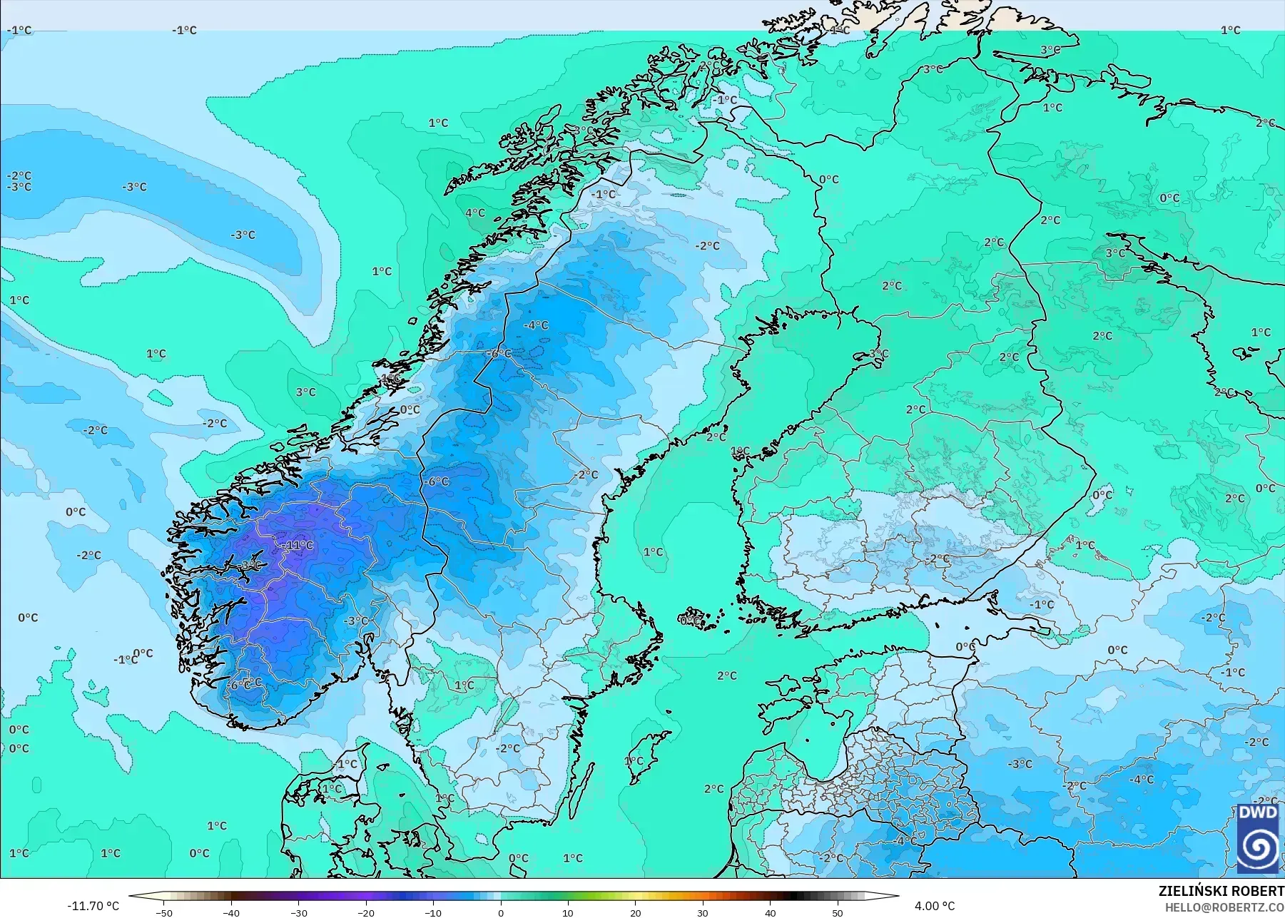 ICON model - Skandinavia, Suhu 850 hPa