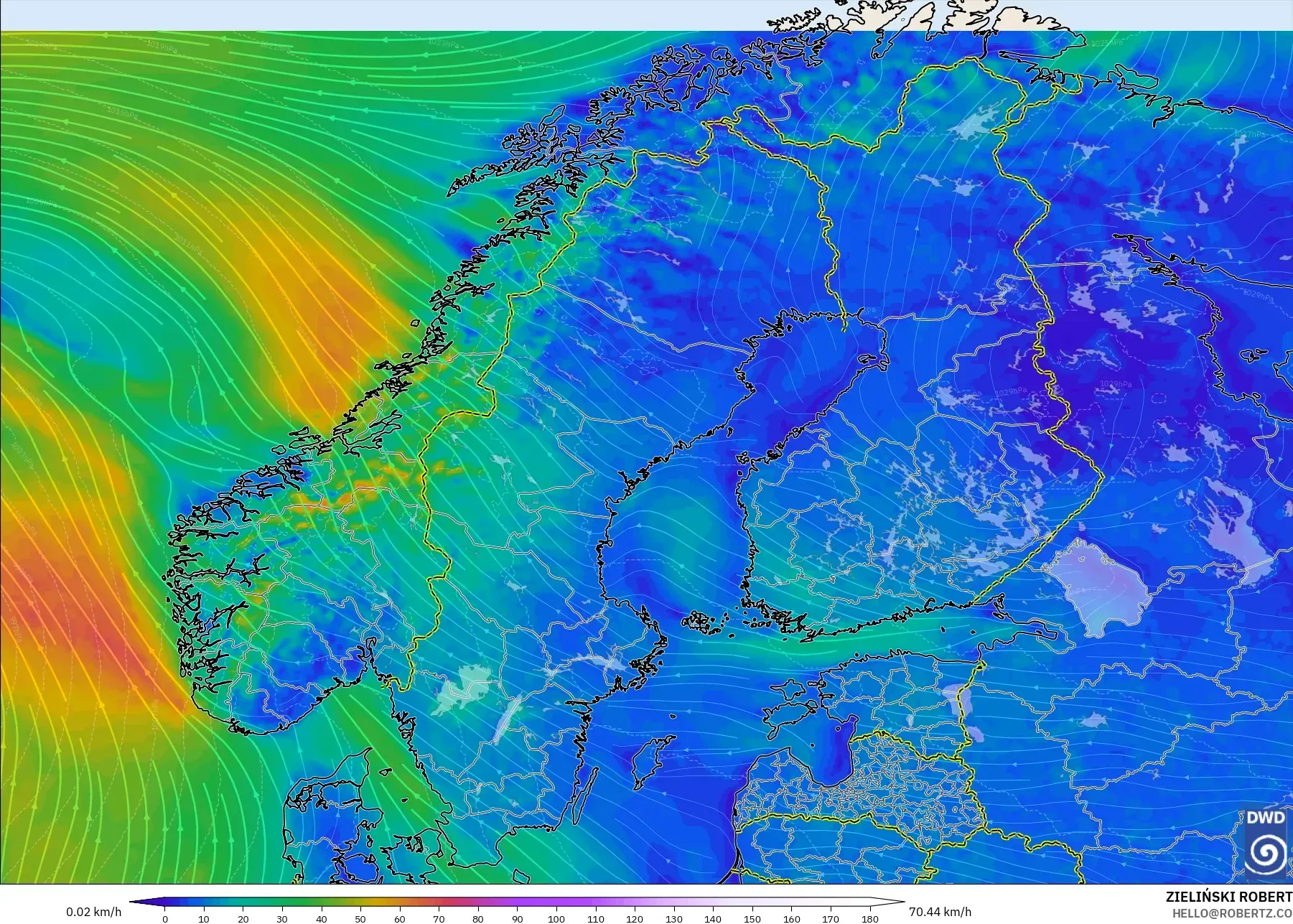ICON model - Skandinavia, Angin 10 m