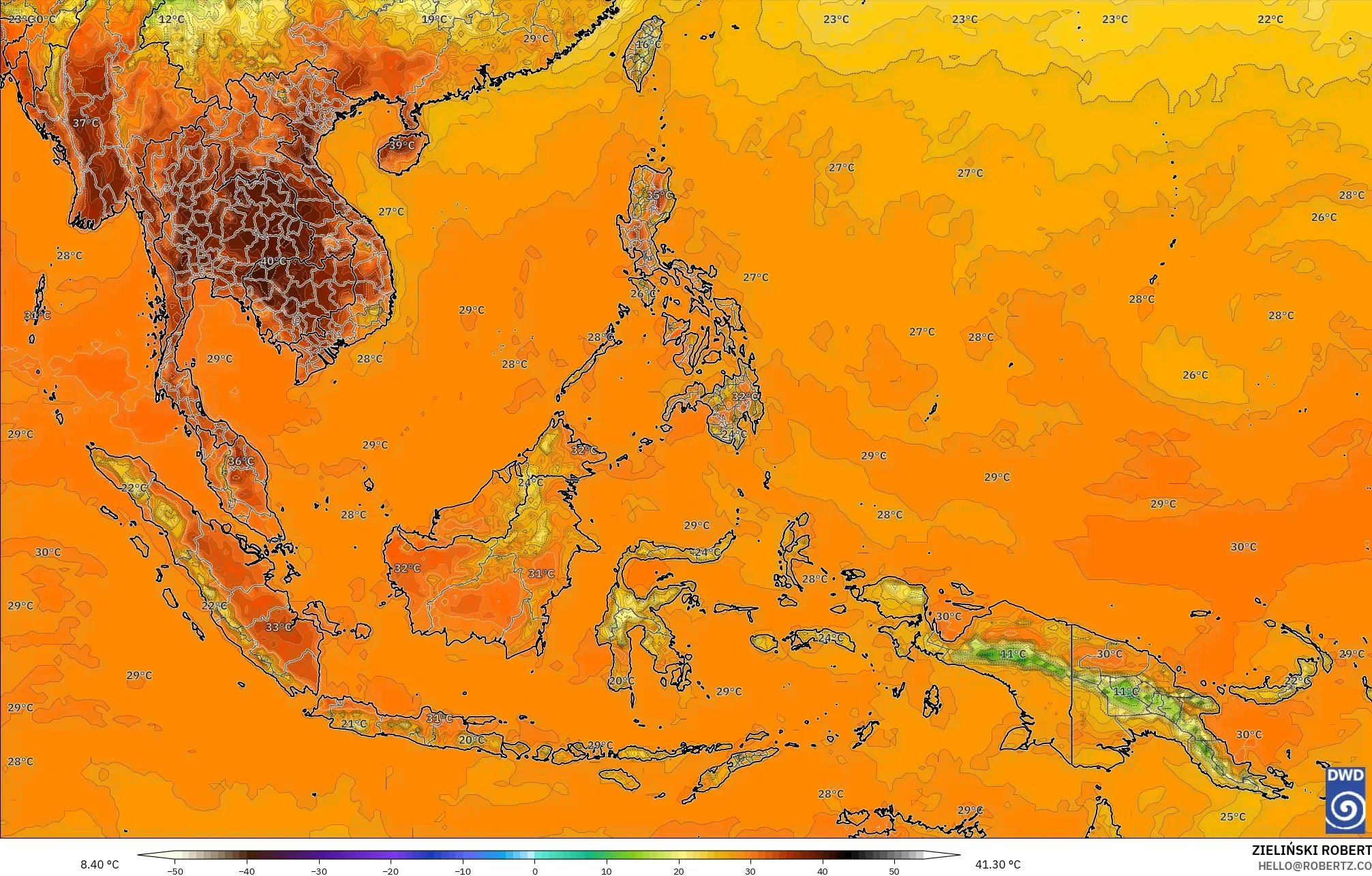 ICON model - Asia Tenggara, Suhu 2 m