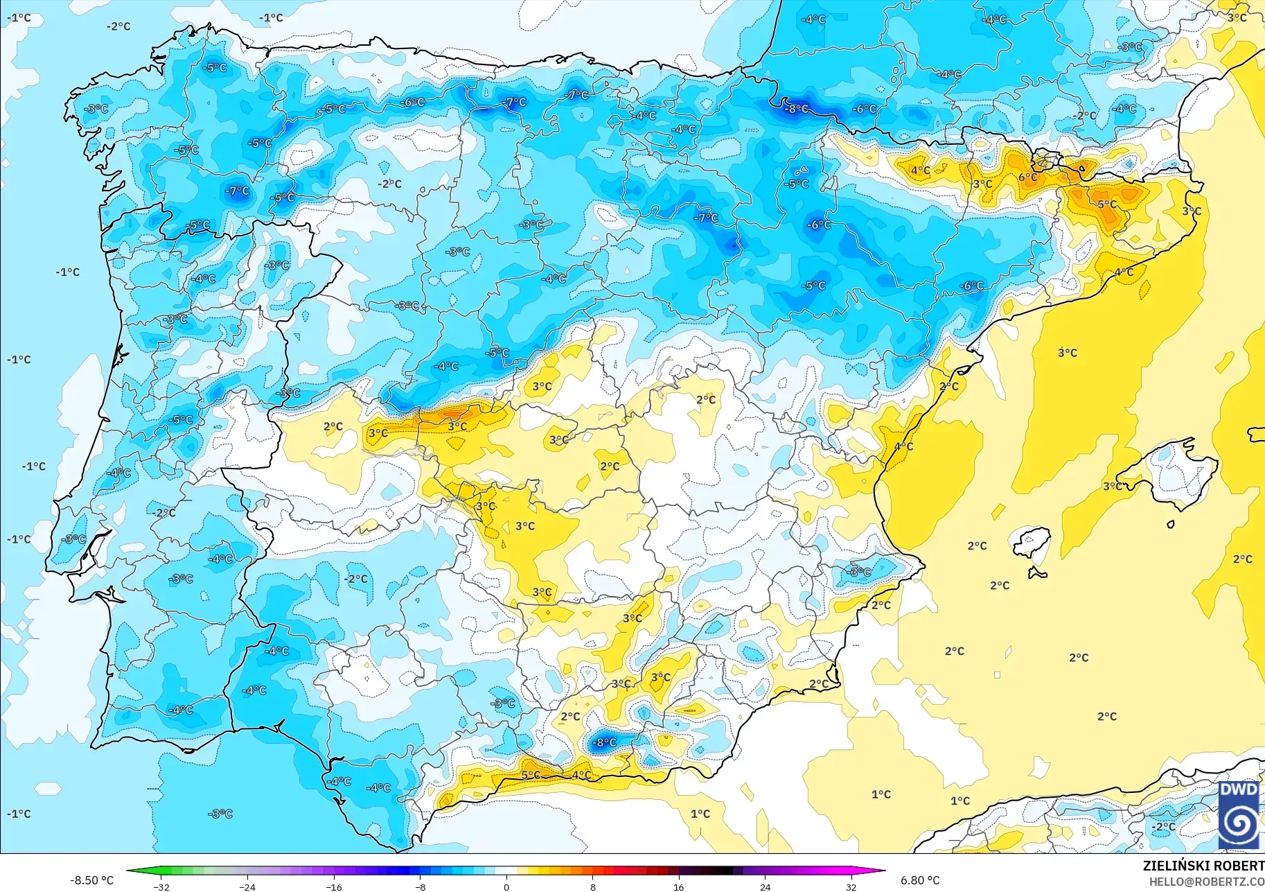 ICON model - Spanyol, Anomali Suhu 2 m