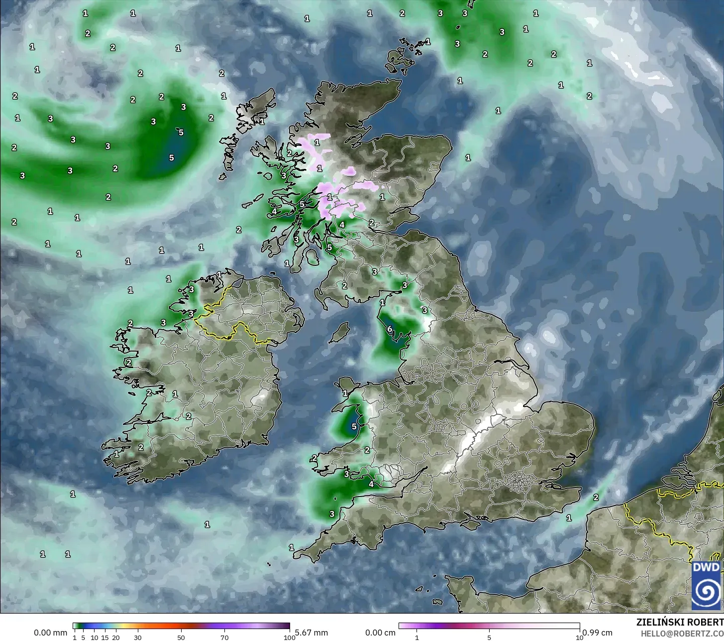 ICON model - Britania Raya, Curah Hujan, Awan, dan Tekanan