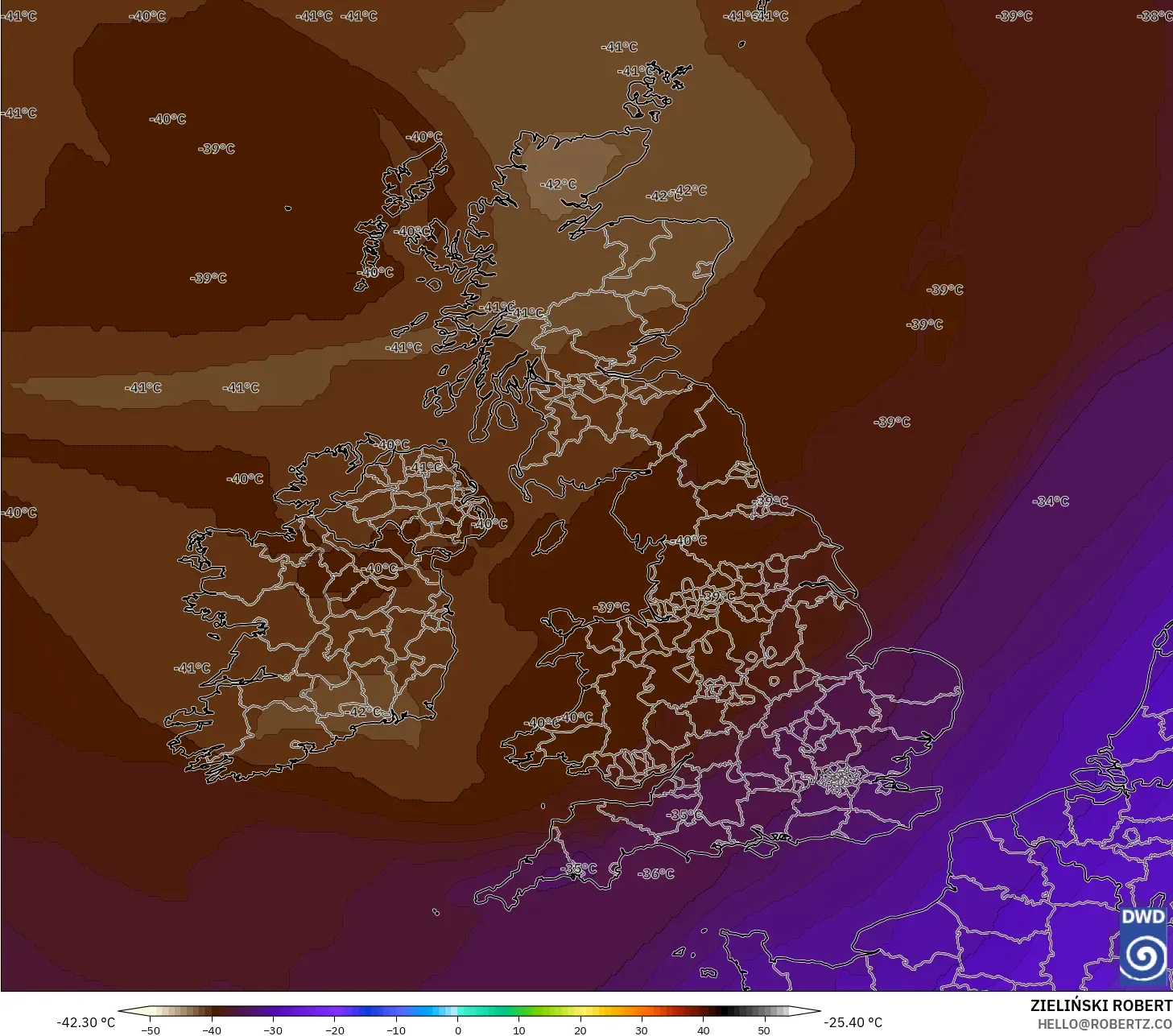 ICON model - Britania Raya, Suhu 500 hPa