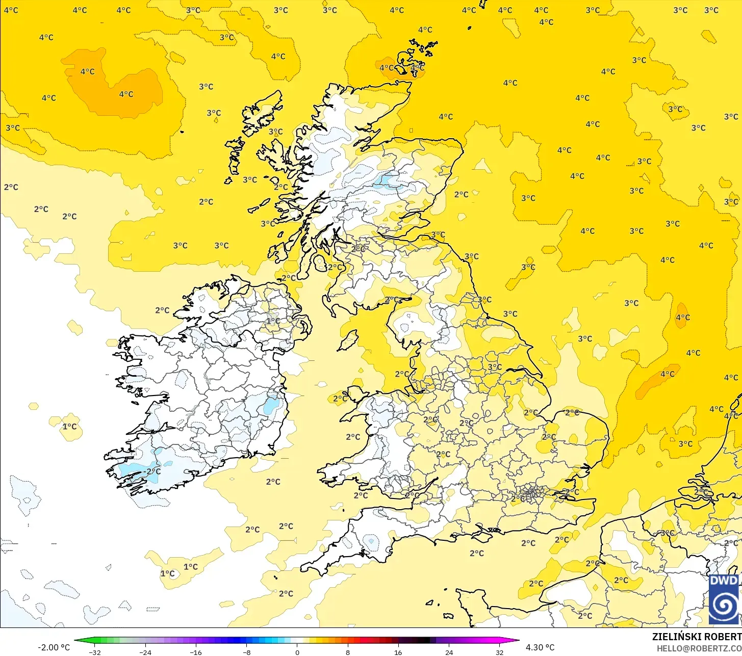 ICON model - Britania Raya, Anomali Suhu 850 hPa
