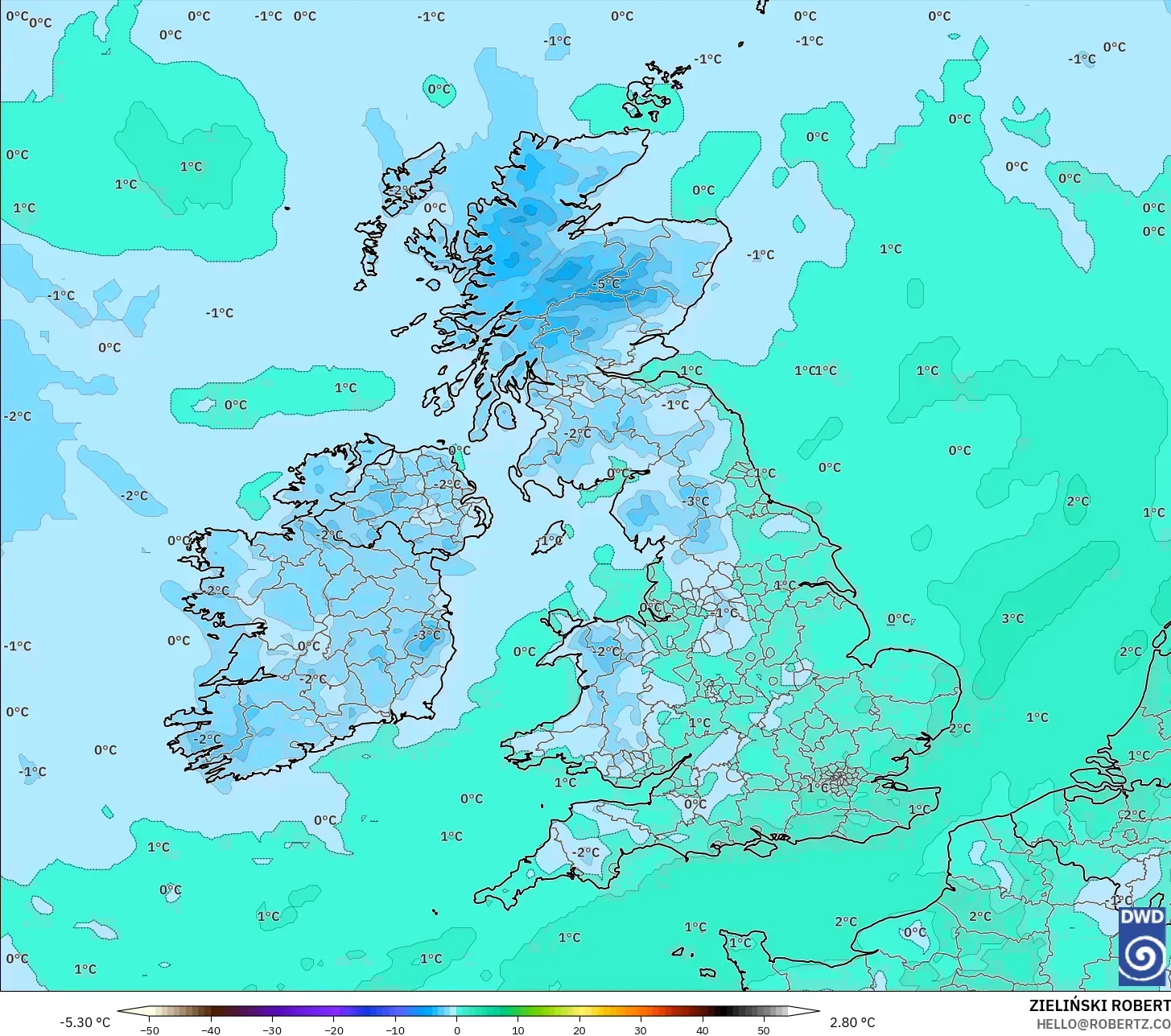 ICON model - Britania Raya, Suhu 850 hPa