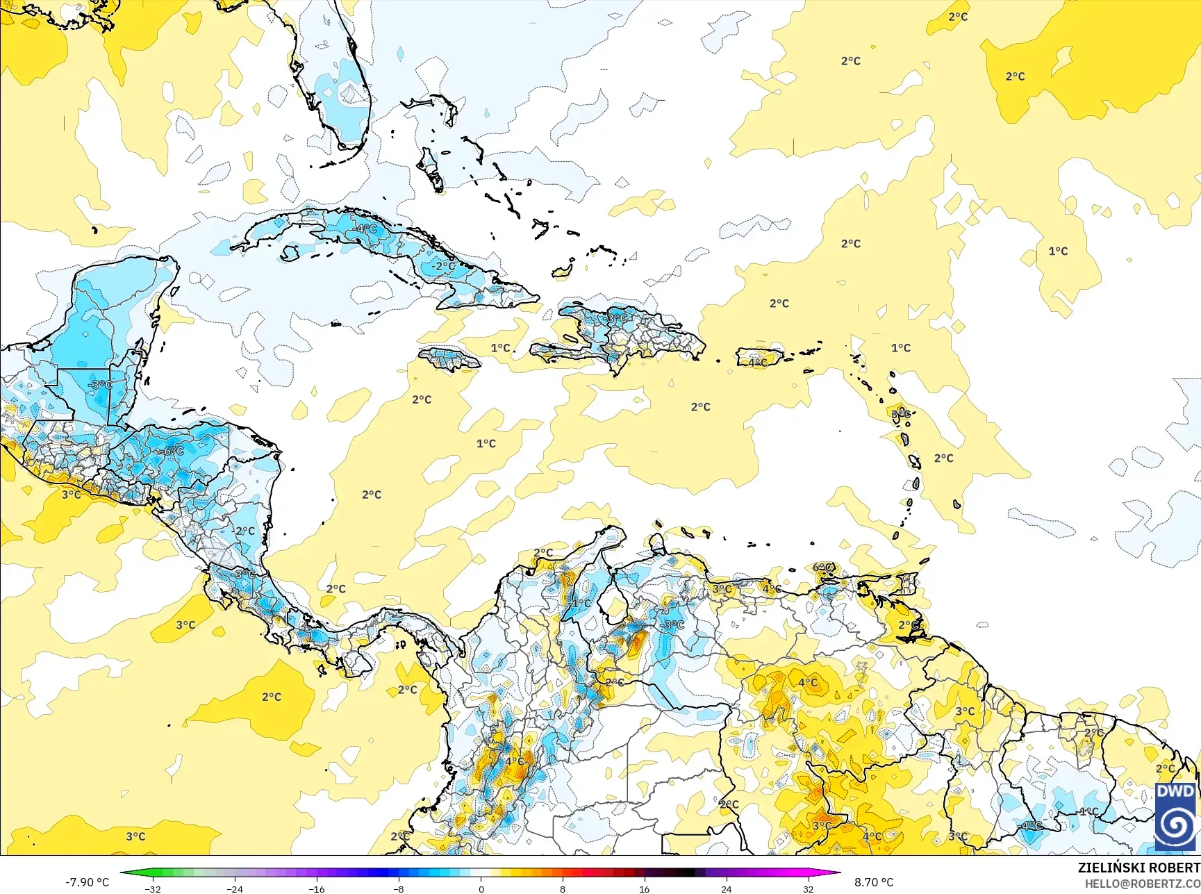 ICON model - Karibia, Anomali Suhu 2 m